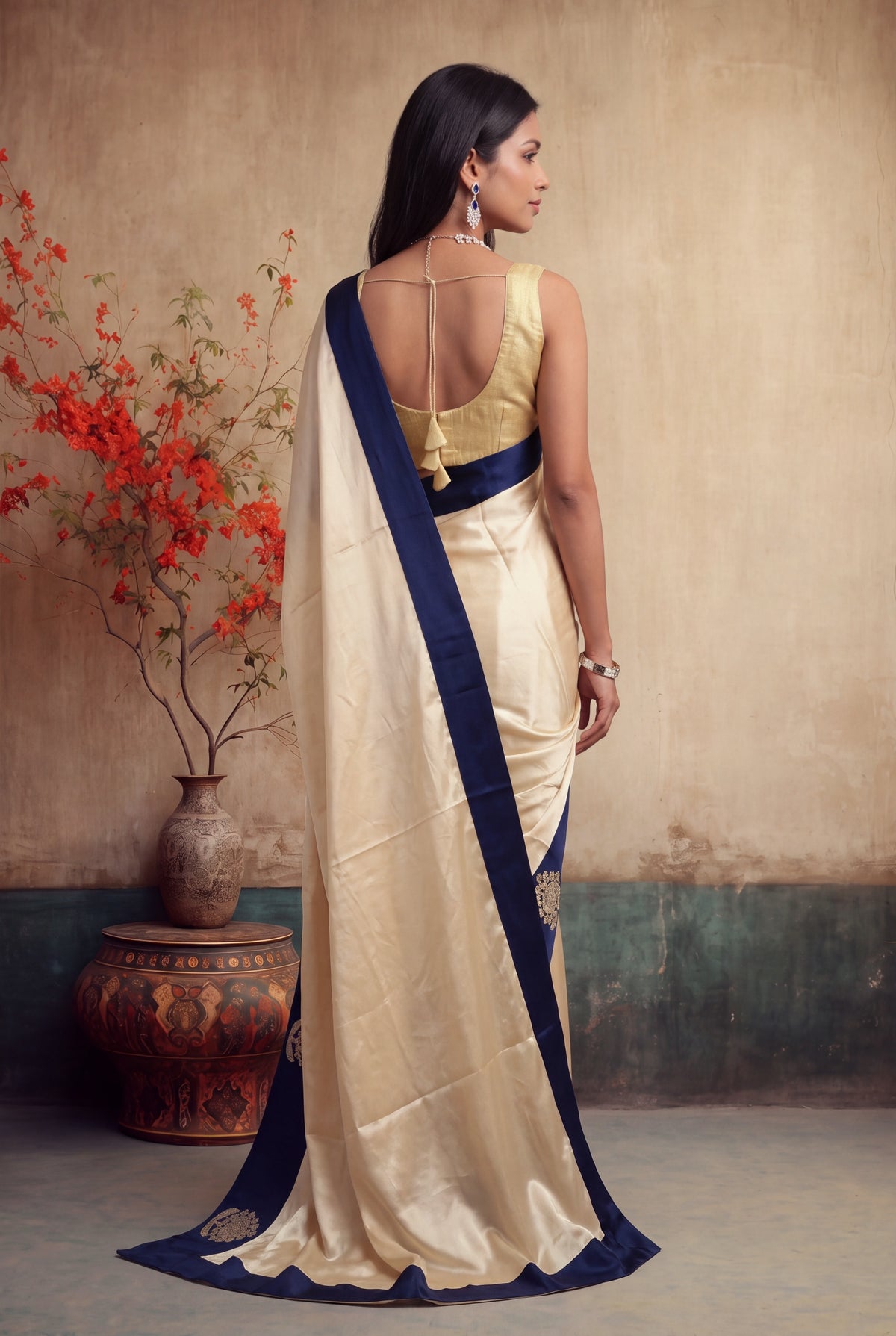 Ivory Crepe Silk Saree - Mokshaa