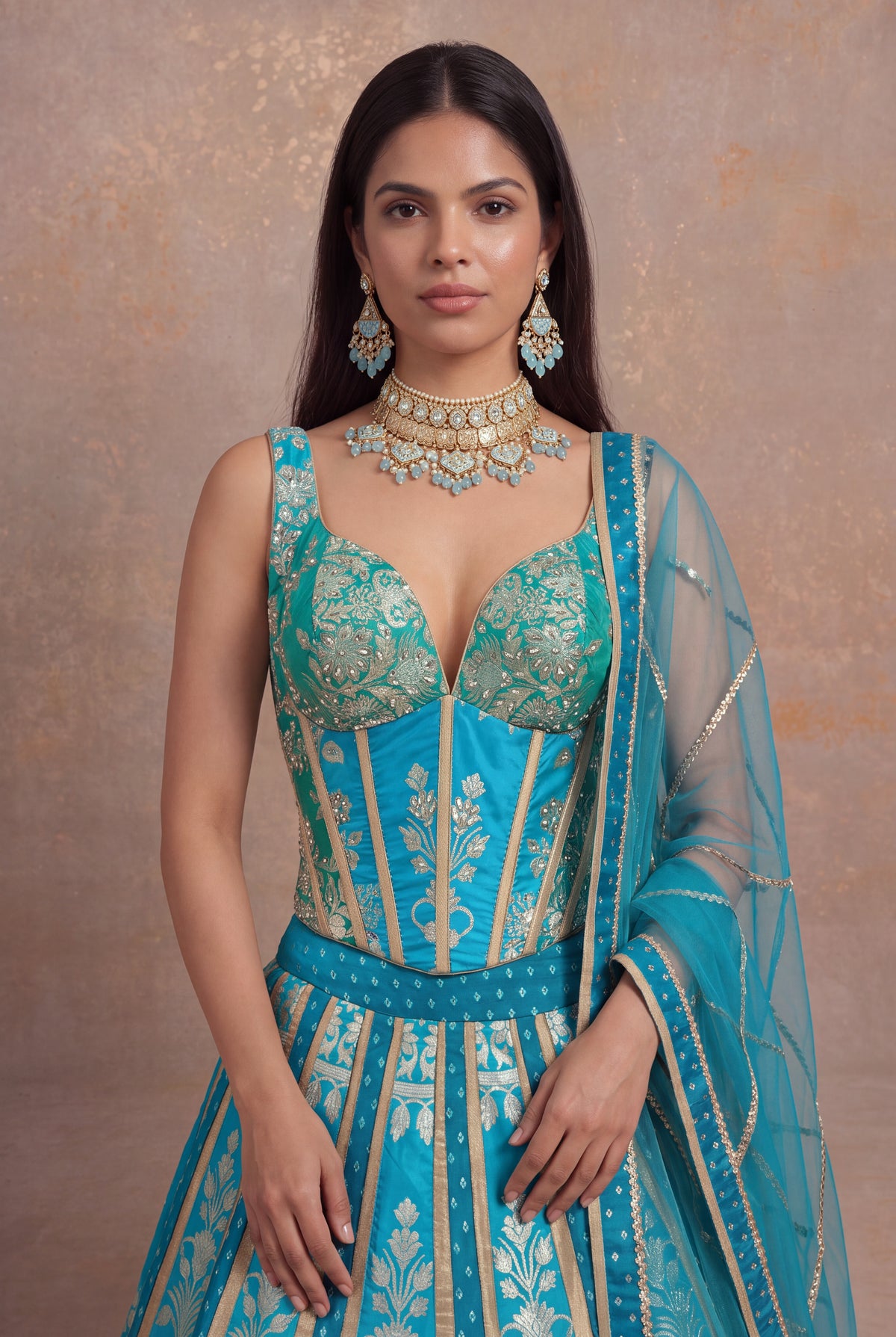 Turquoise Teal Ombre Banarasi Silk Lehenga Set - Mokshaa