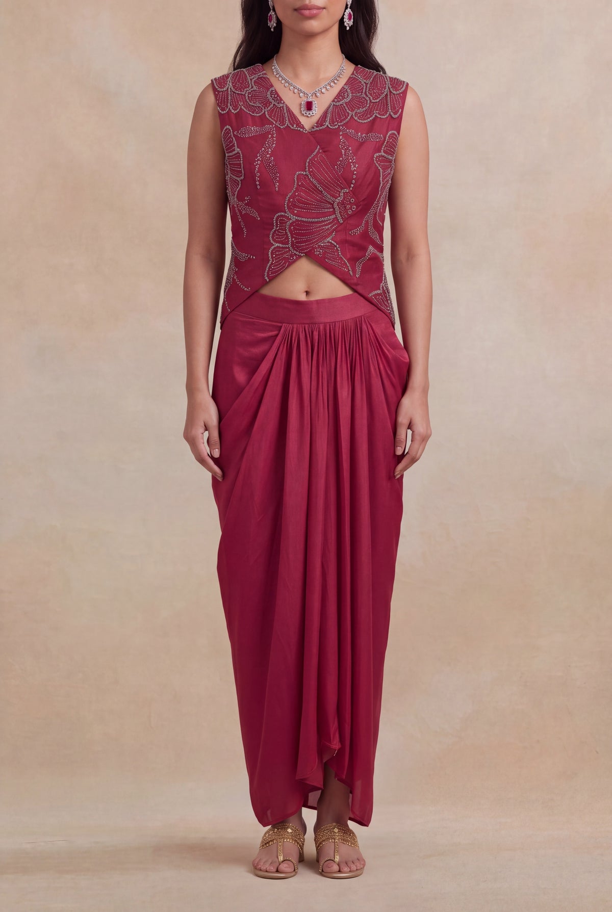 Wine Indo-Western Crop Top & Drape Skirt - Mokshaa