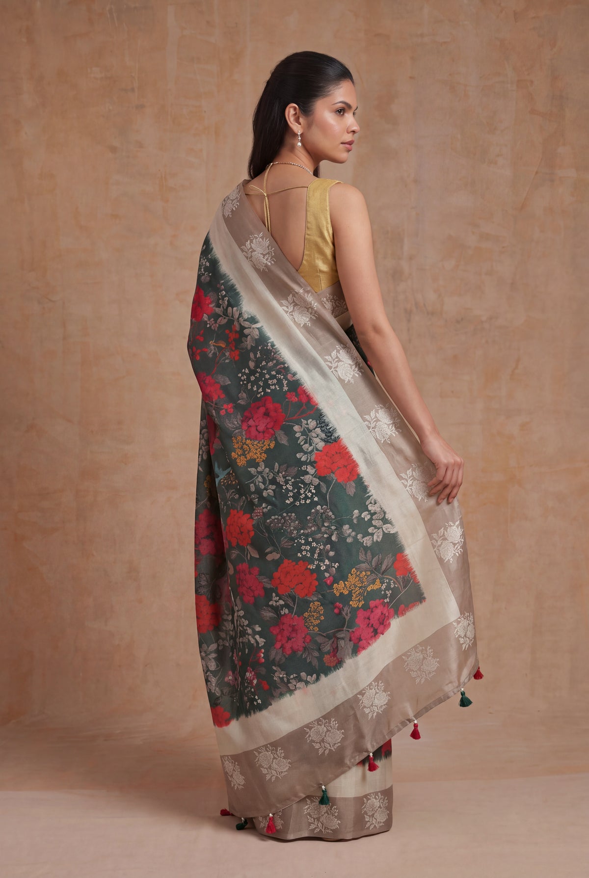 Dark Green Tussar Silk Saree - Mokshaa