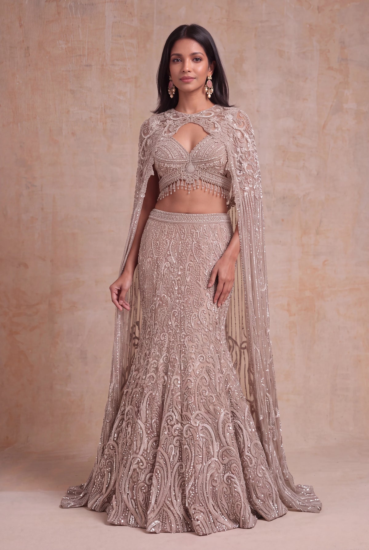 Taupe Net Fish-Cut Lehenga - Mokshaa