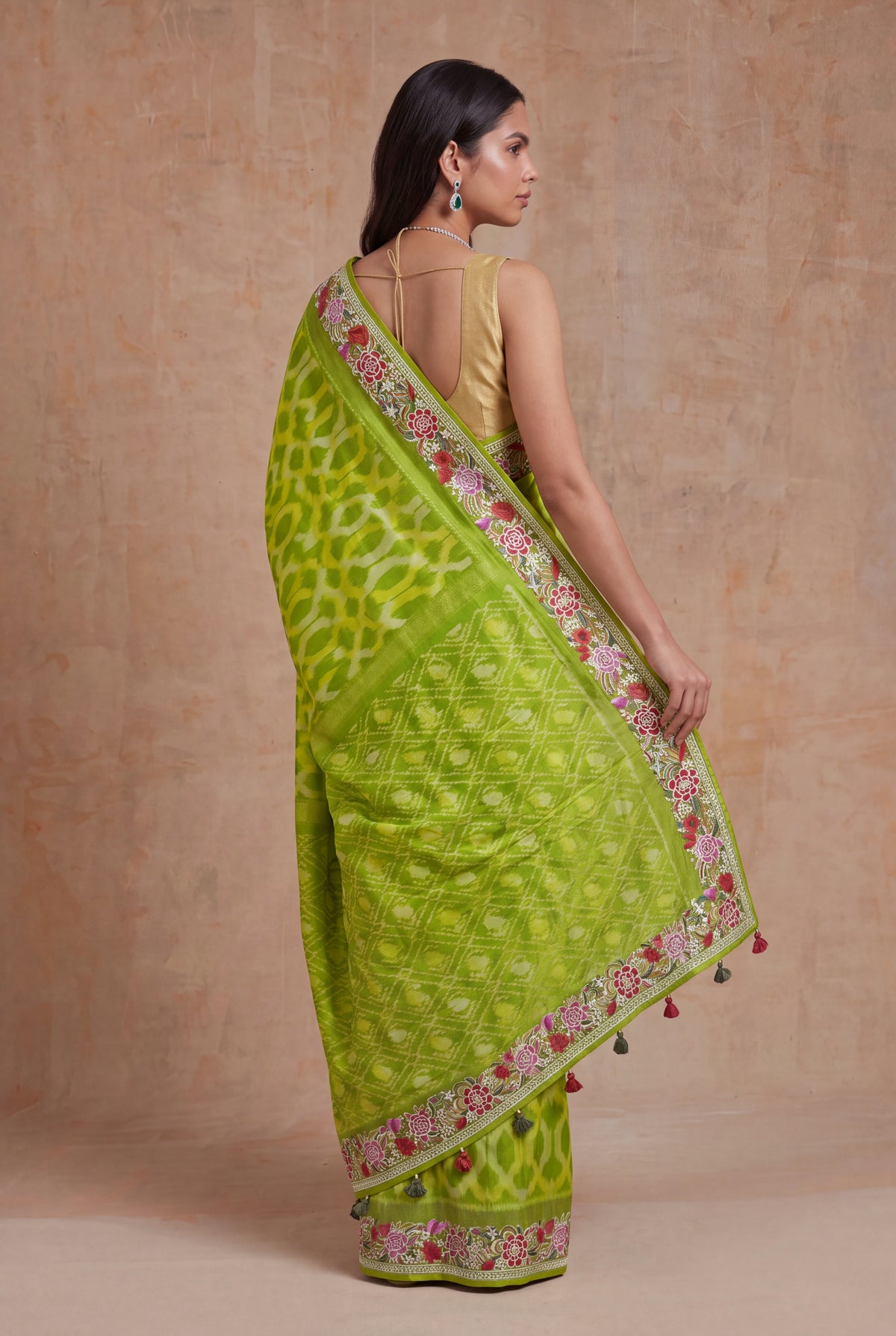 Lime Green Patola Silk Saree - Mokshaa