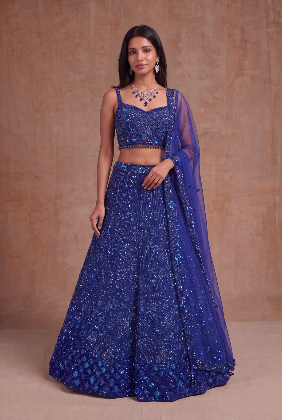Royal Blue Net Lehenga with Sequin, Kutdana & Stone Embroidery - Mokshaa