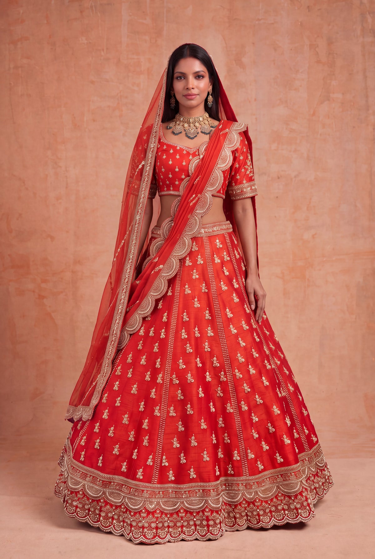 Rust Orange Raw Silk Lehenga - Mokshaa