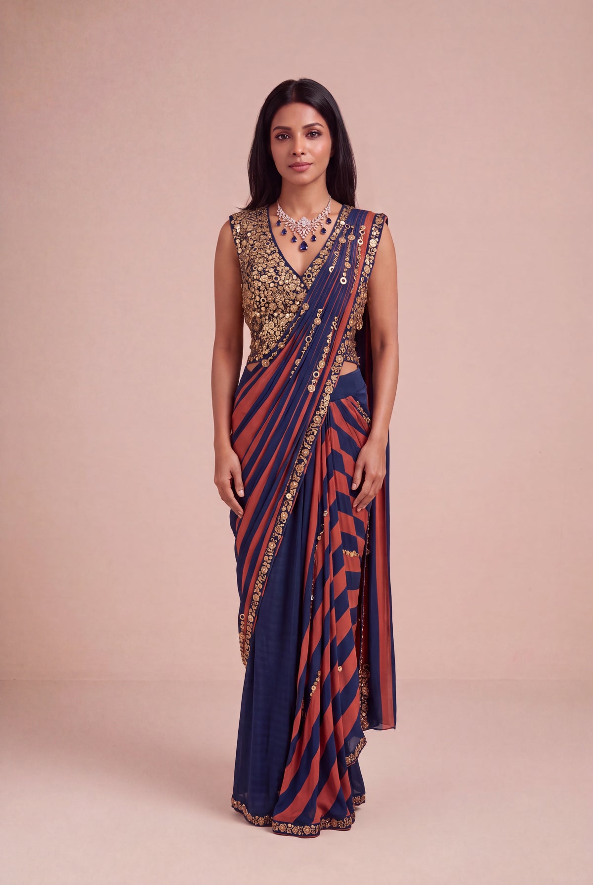 Navy Blue & Rust Satin Silk Pre-Draped Saree - Mokshaa