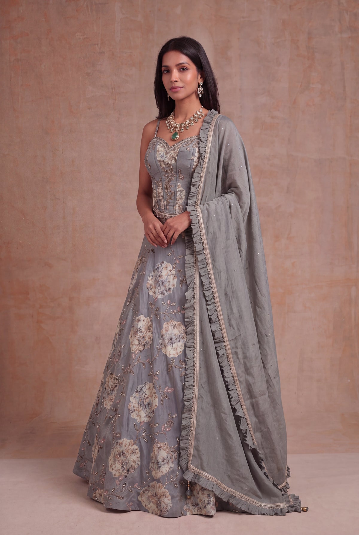 Grey Tissue Silk Floral Lehenga with Zari Work - Mokshaa