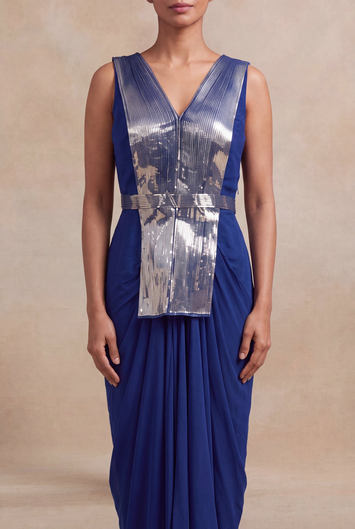 Royal Blue Indo-Western Drape Dress - Mokshaa