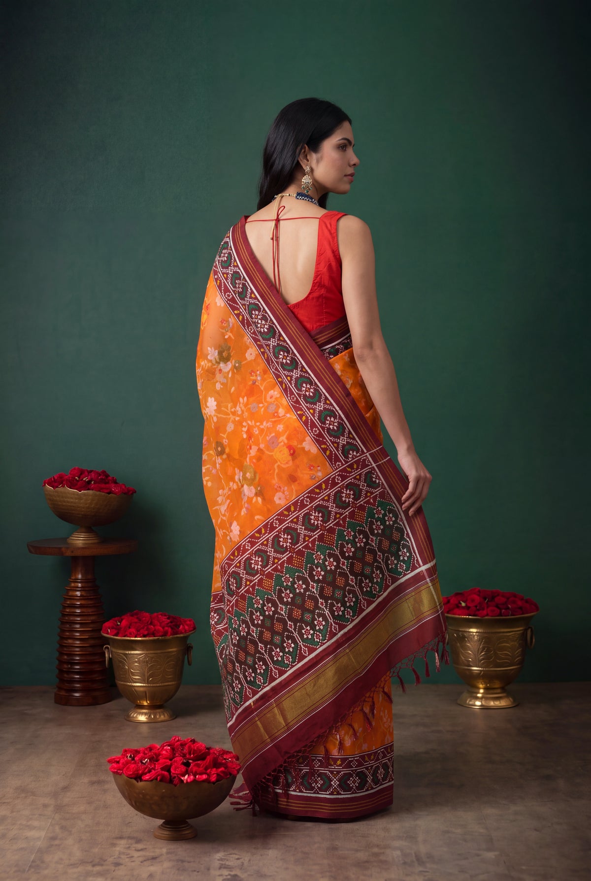 Orange Kora Silk Jamdani Saree - Mokshaa