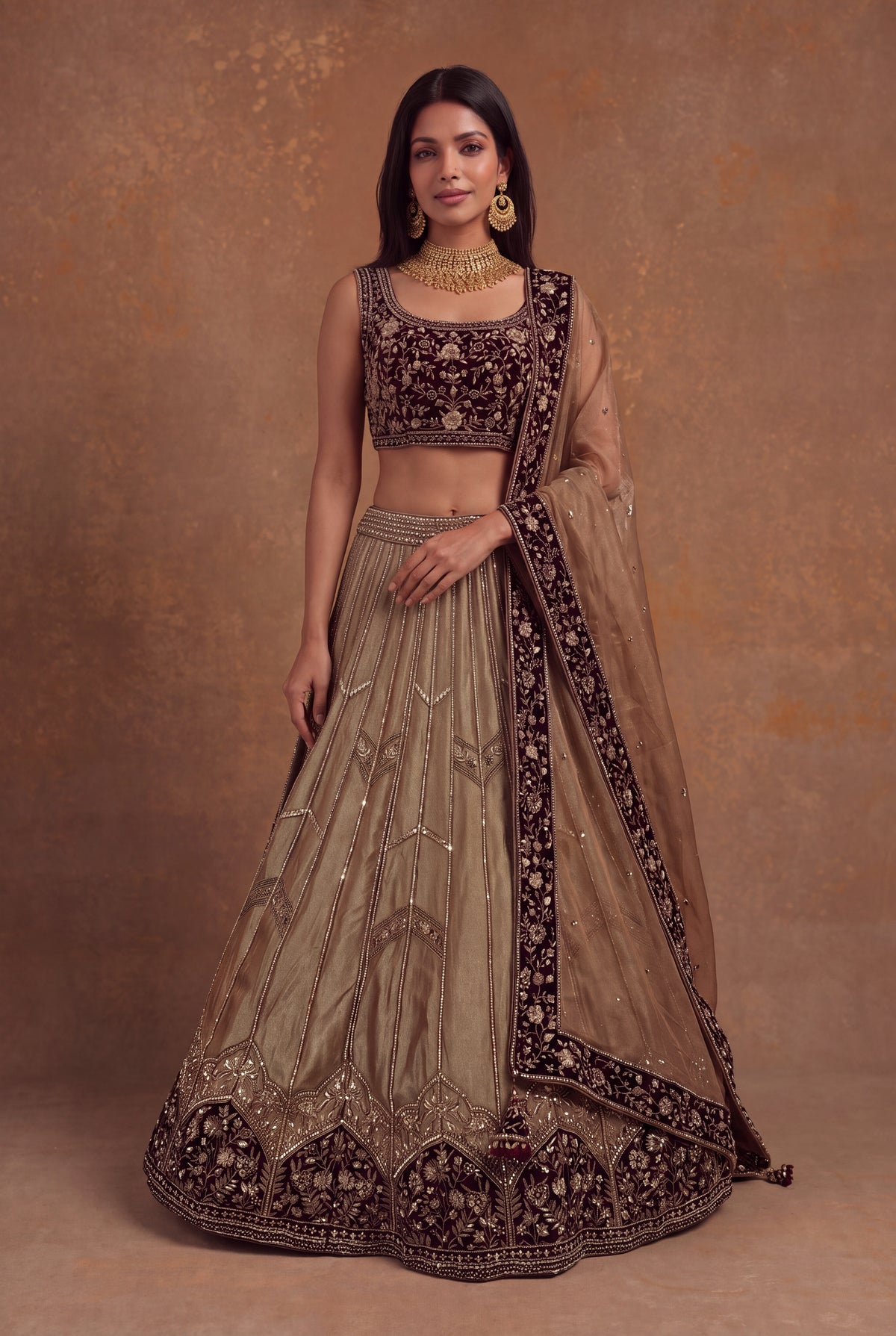 Tissue Lehenga with Maroon Velvet Blouse - Mokshaa