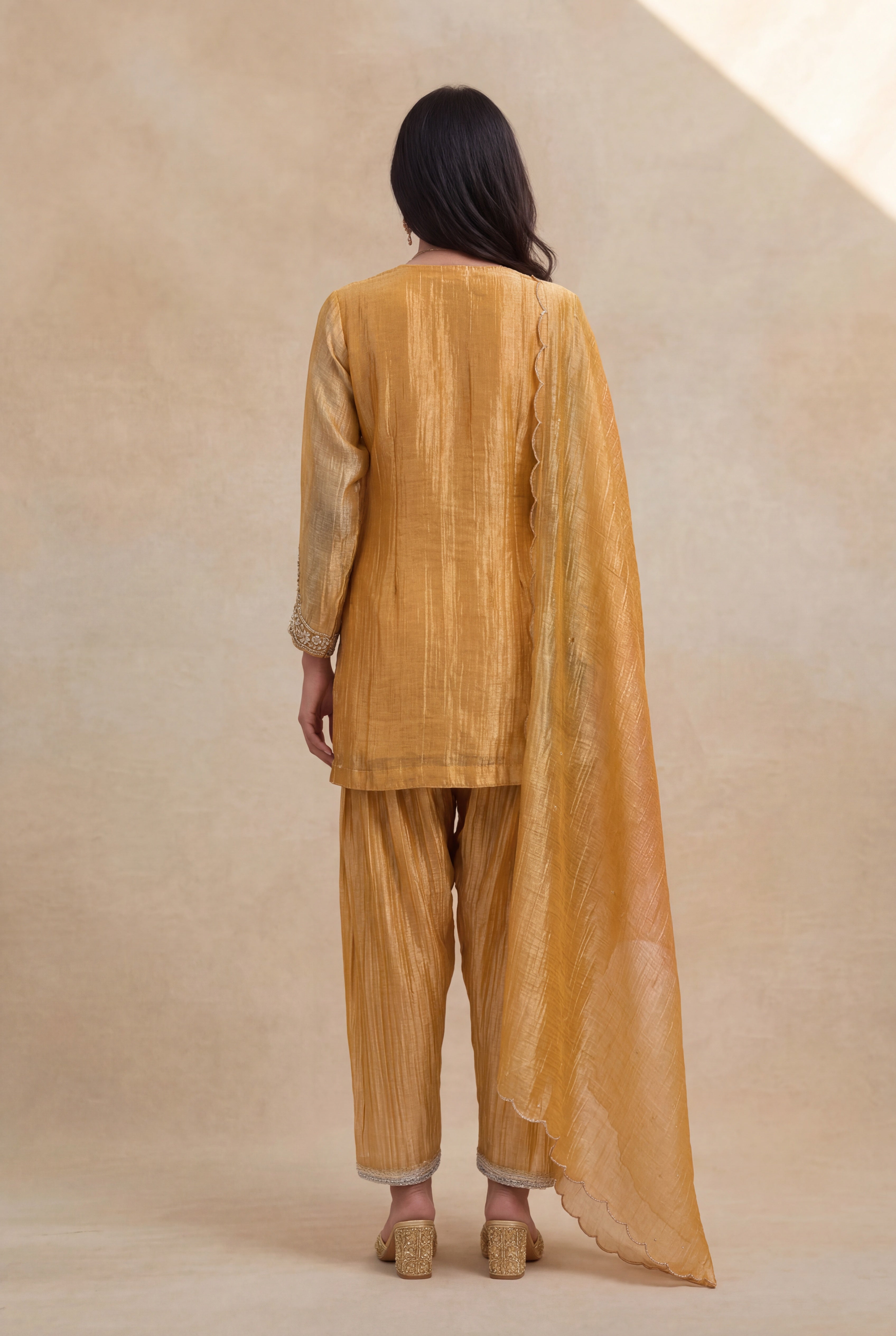 Mustard Yellow Organza Tissue Short Top Sharara Set