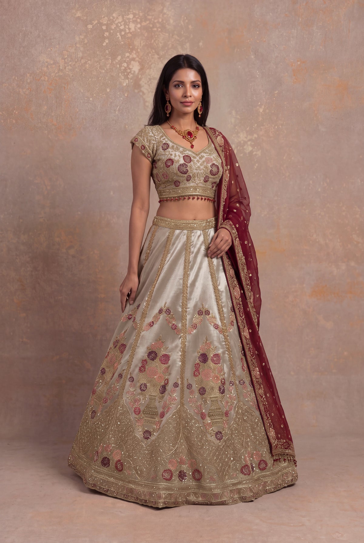 Gray Tissue Lehenga Set with Zardozi and Velvet Applique - Mokshaa