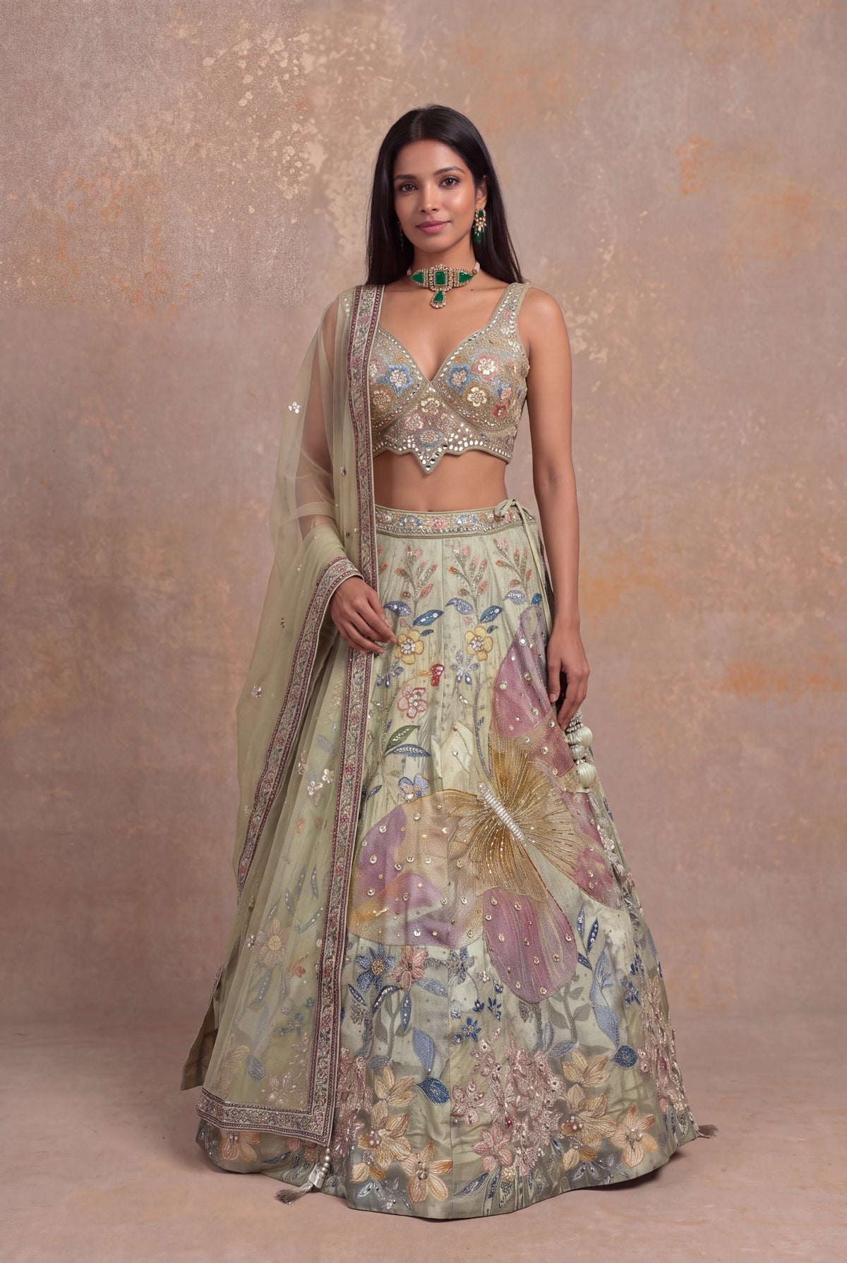 Pista Green Silk Floral Embroidered Lehenga - Mokshaa