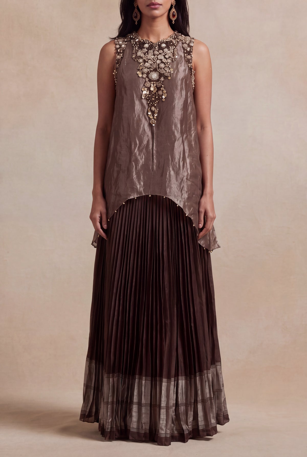 Bronze Crushed Tissue Top with Woven Silk Pleated Skirt - Mokshaa