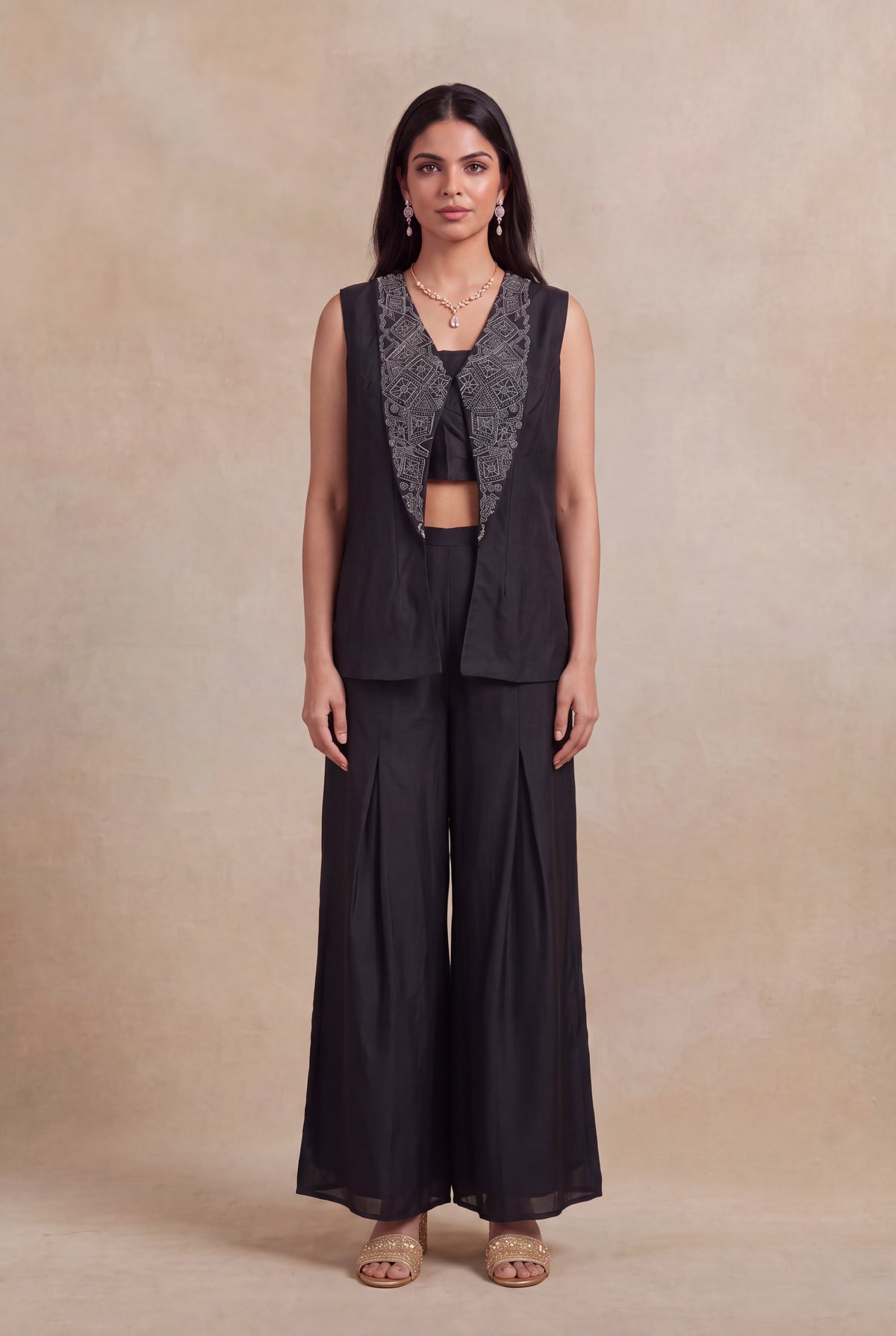 Black Silk Indo-Western Palazzo Set - Mokshaa