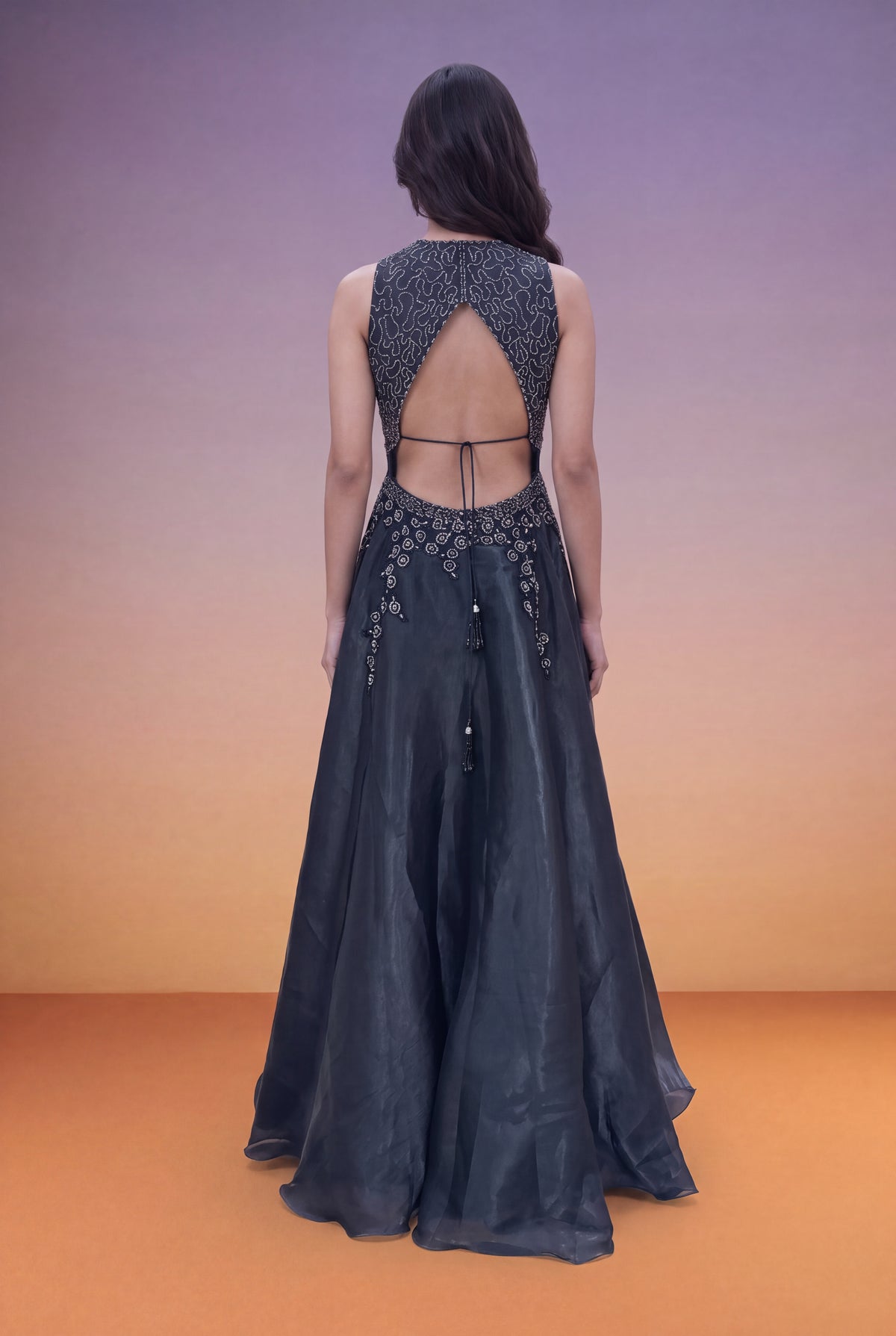 Slate Blue Organza Gown with Sequin & Cutdana Work - Mokshaa