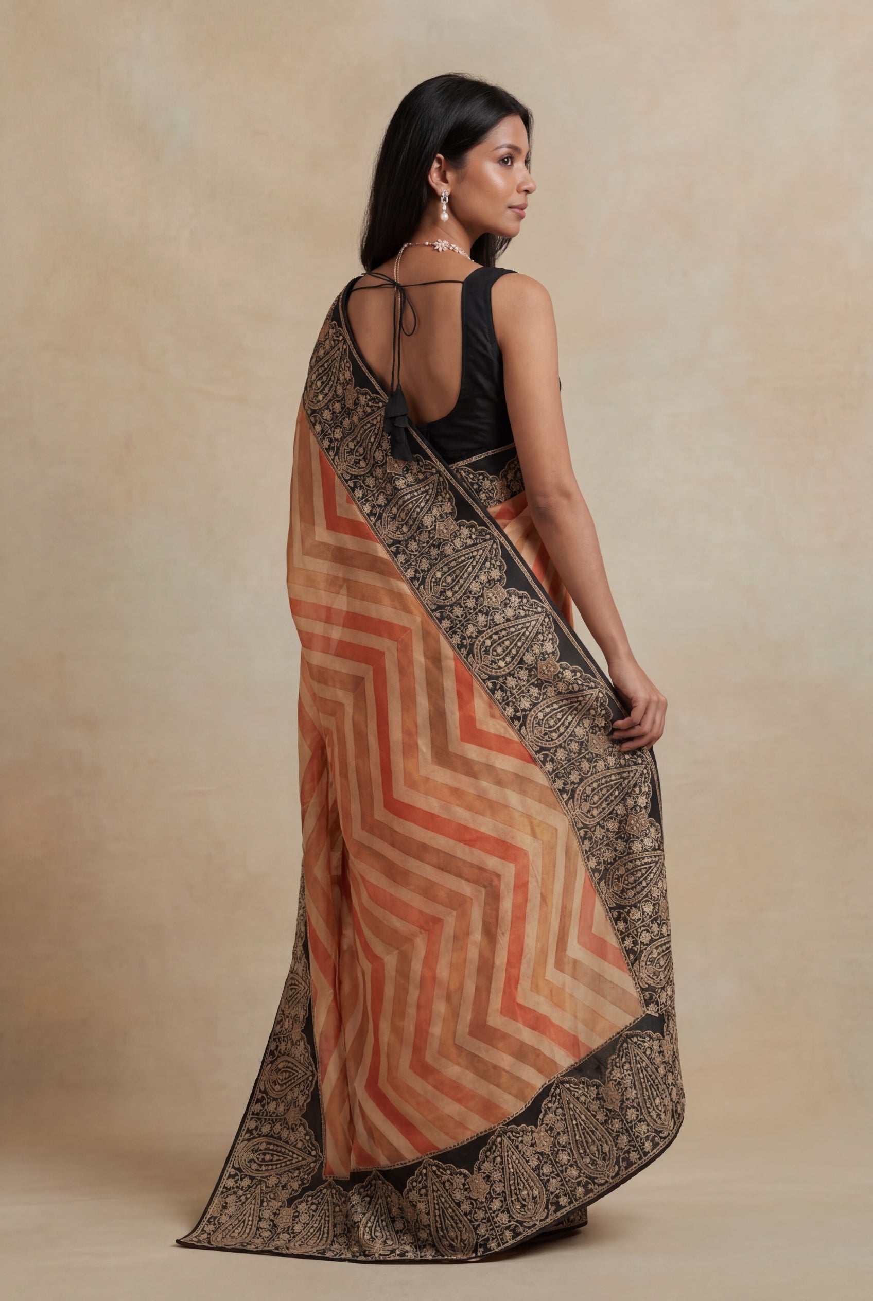 Cream Peach Tussar Silk Saree