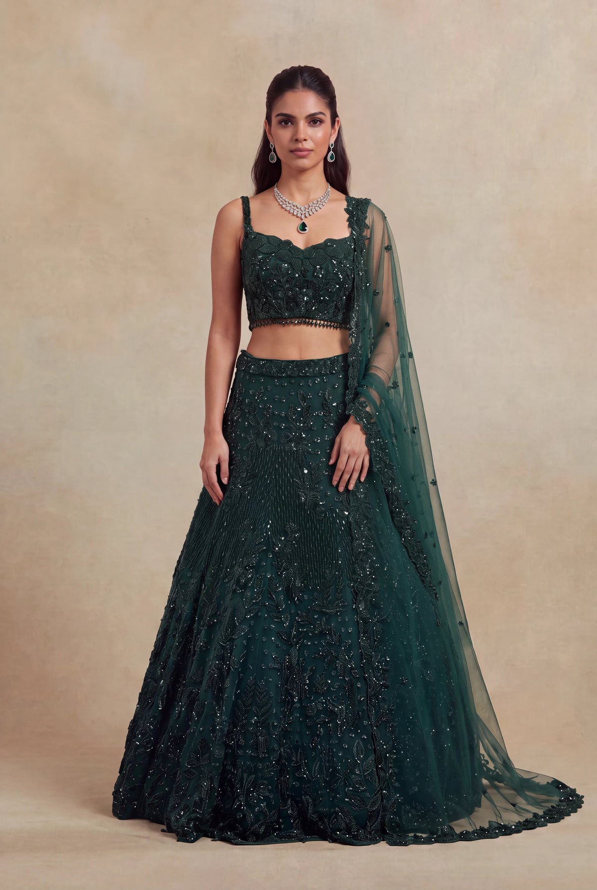 Bottle Green Net Lehenga with Sequin & Beadwork - Mokshaa