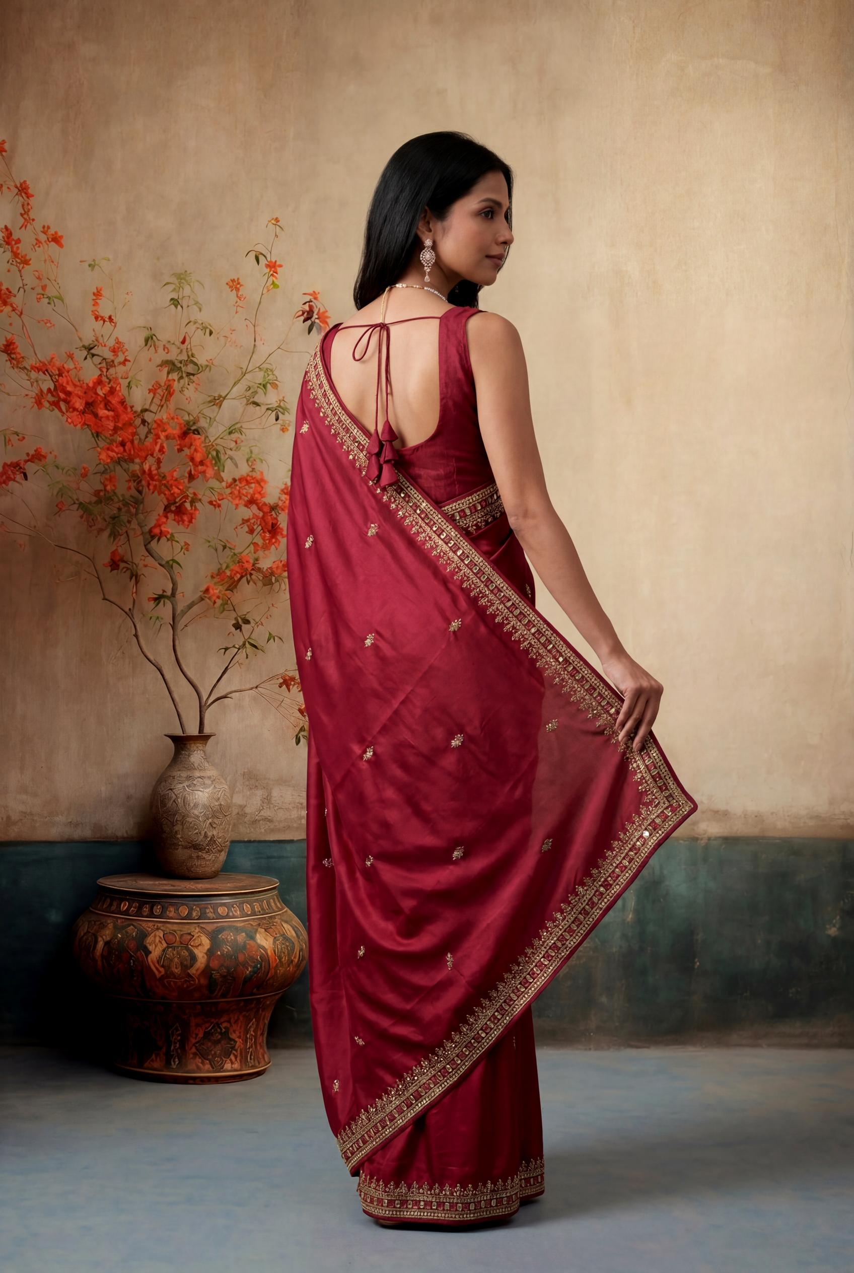 Marronish Red Satin Saree