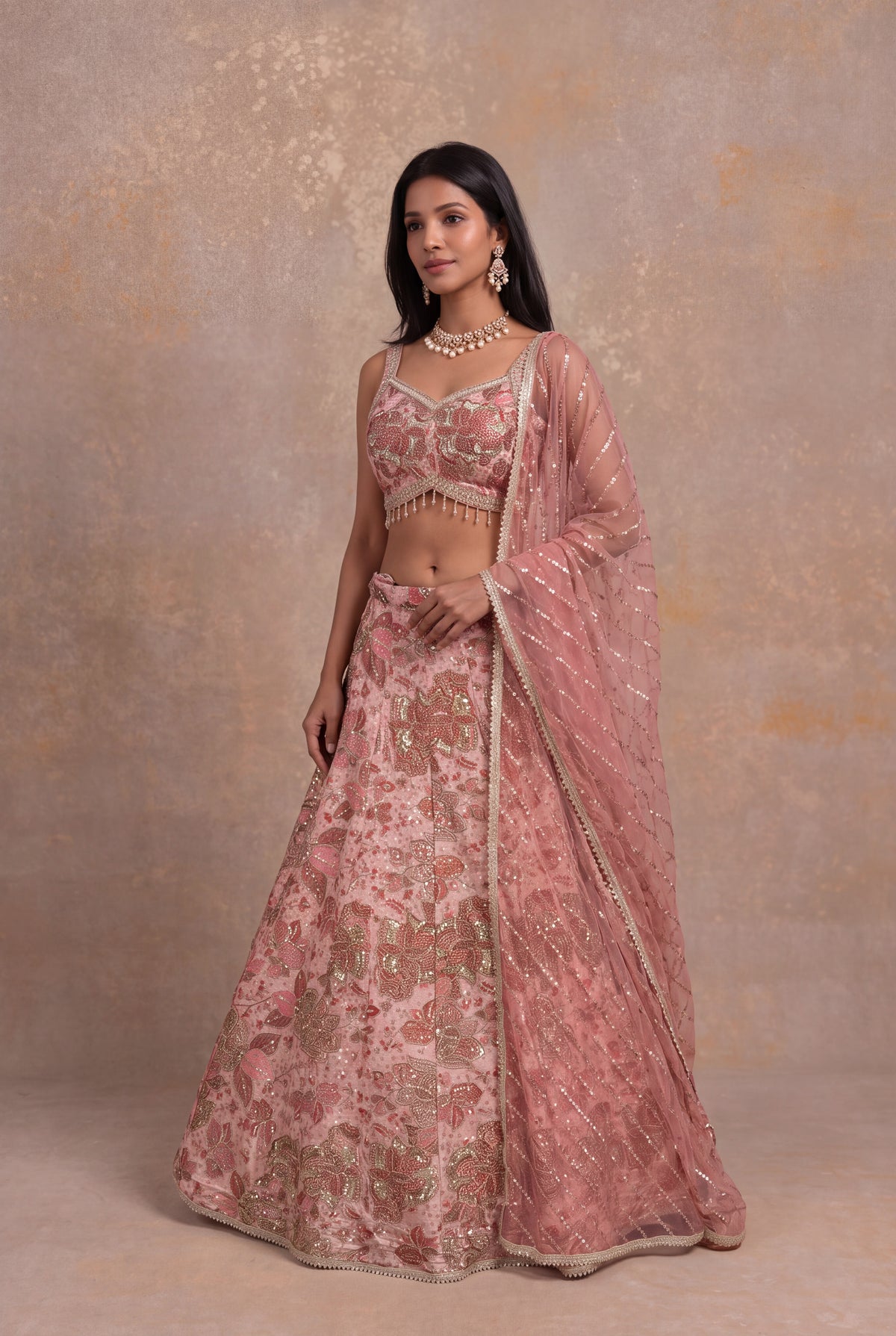 Blush Pink Tissue Lehenga - Mokshaa