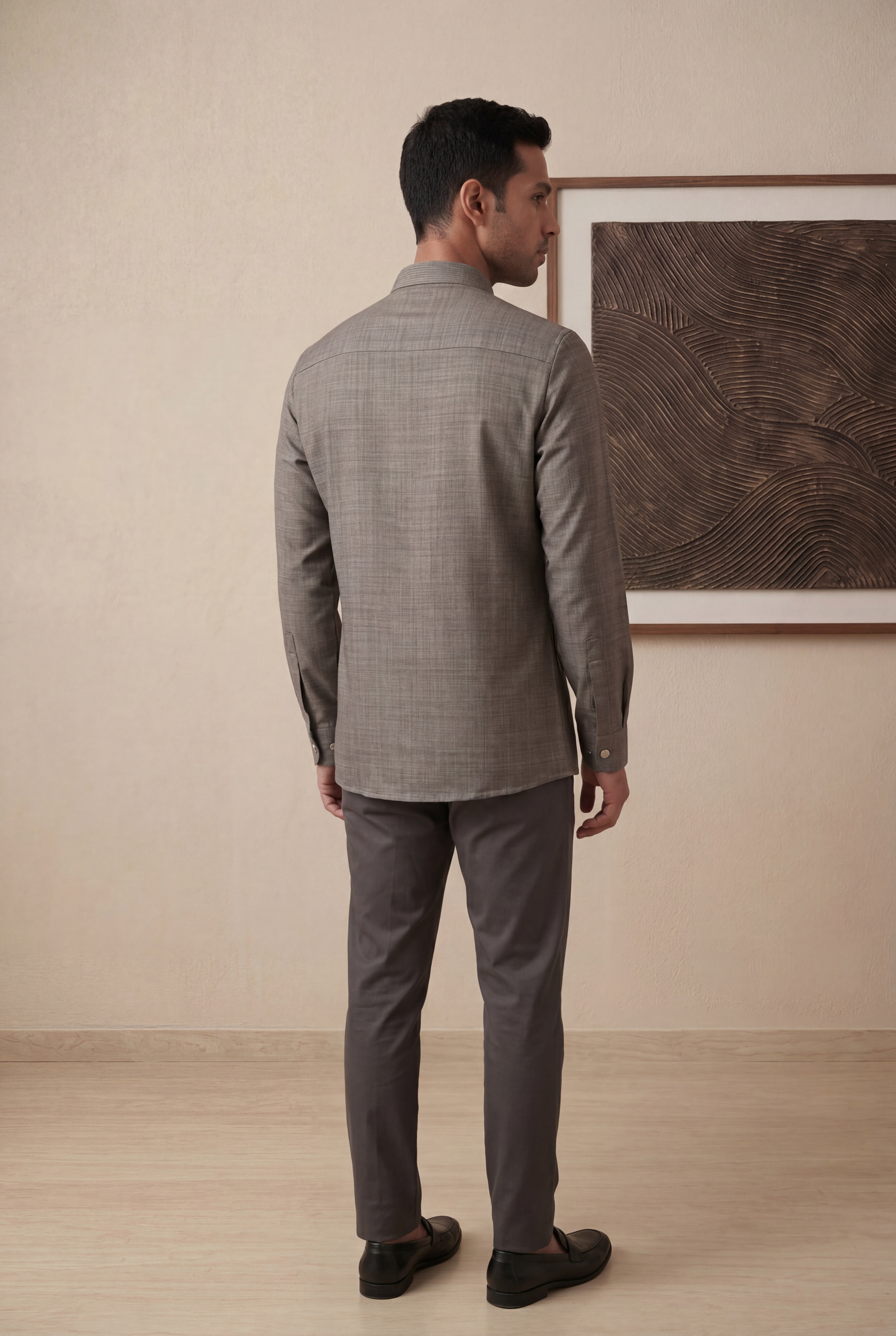 Olive Green Japanese Silk Mandarin Collar Shirt
