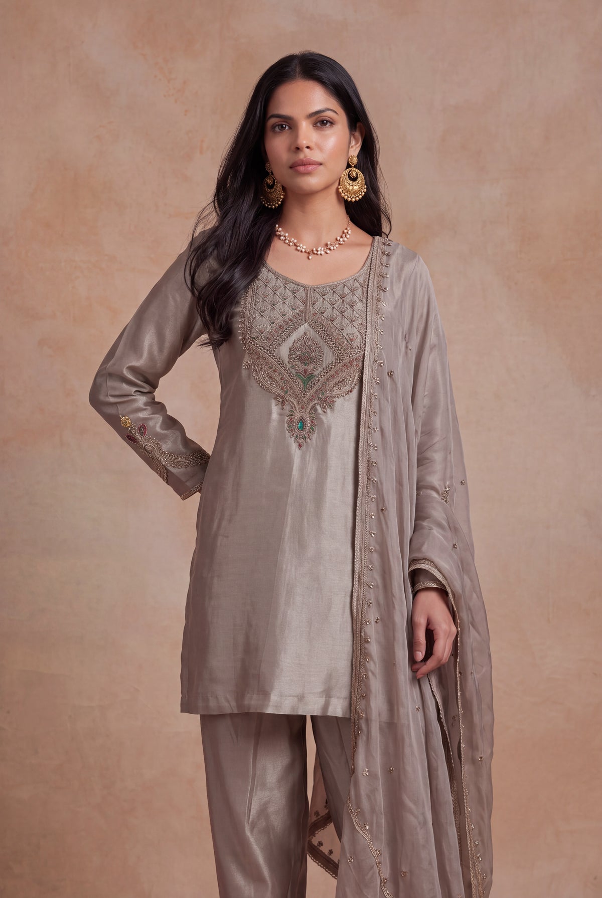 Silver Grey Tissue Indo-Western Set - Mokshaa