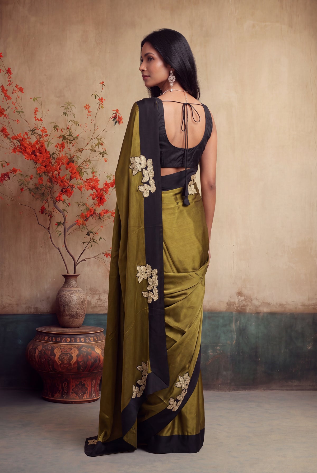Olive Green Crepe Silk Saree - Mokshaa