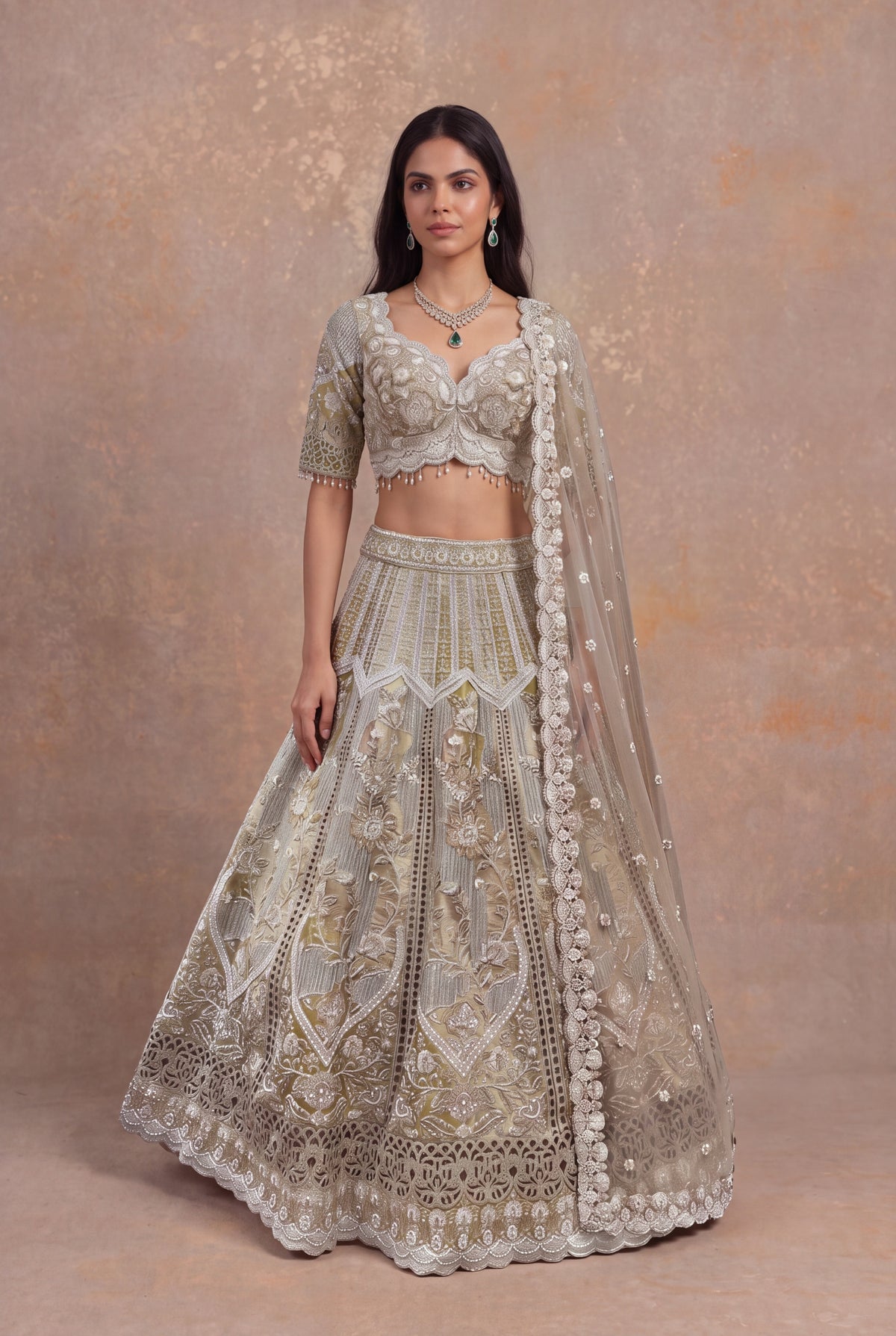 Shimmer Tissue Cutwork Lehenga - Mokshaa
