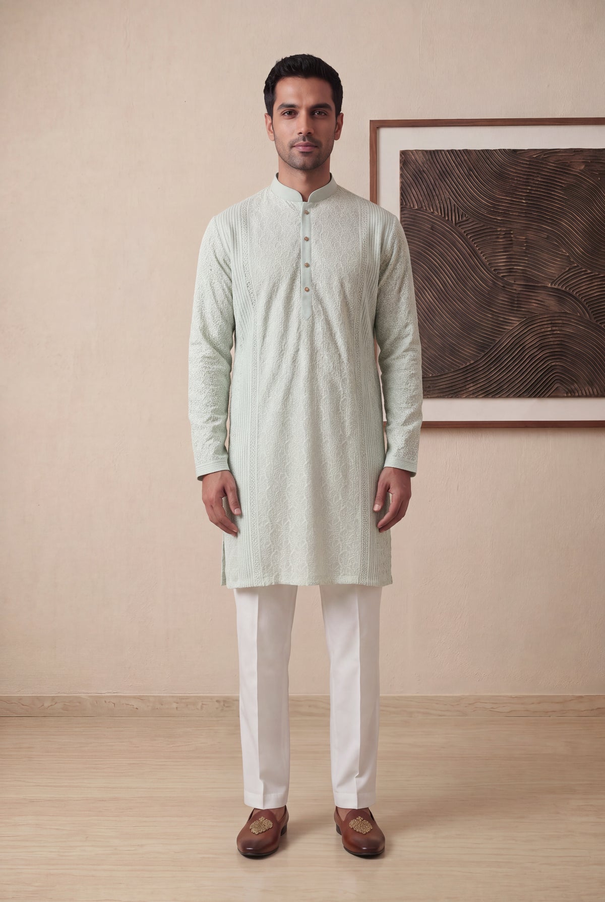 Mint Green Chanderi Silk Kurta Pant Set - Mokshaa