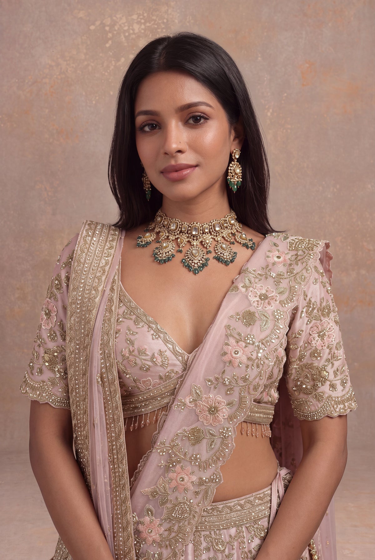 Baby Pink Tissue Silk Lehenga Set with Thread and Zardozi Work - Mokshaa
