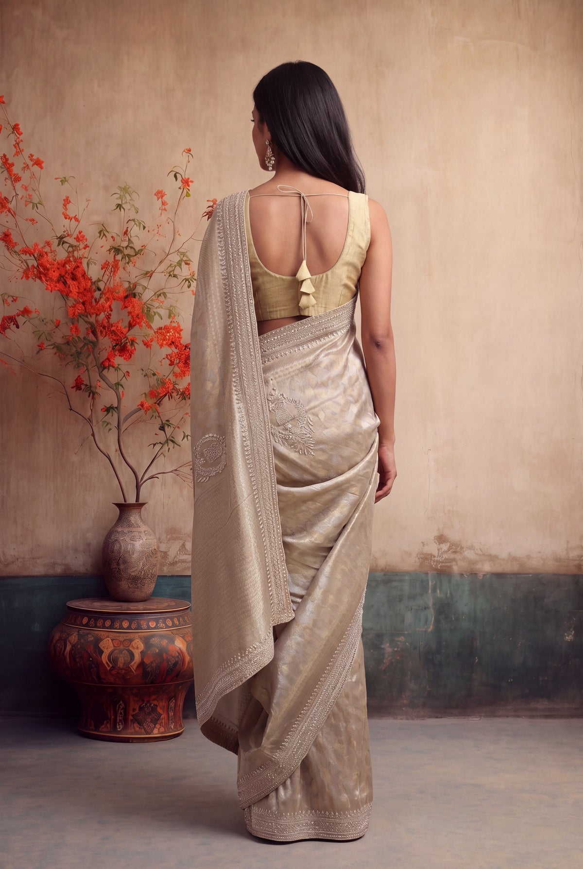 Rose Gold Zari Weave Saree with Zardosi Work - Mokshaa