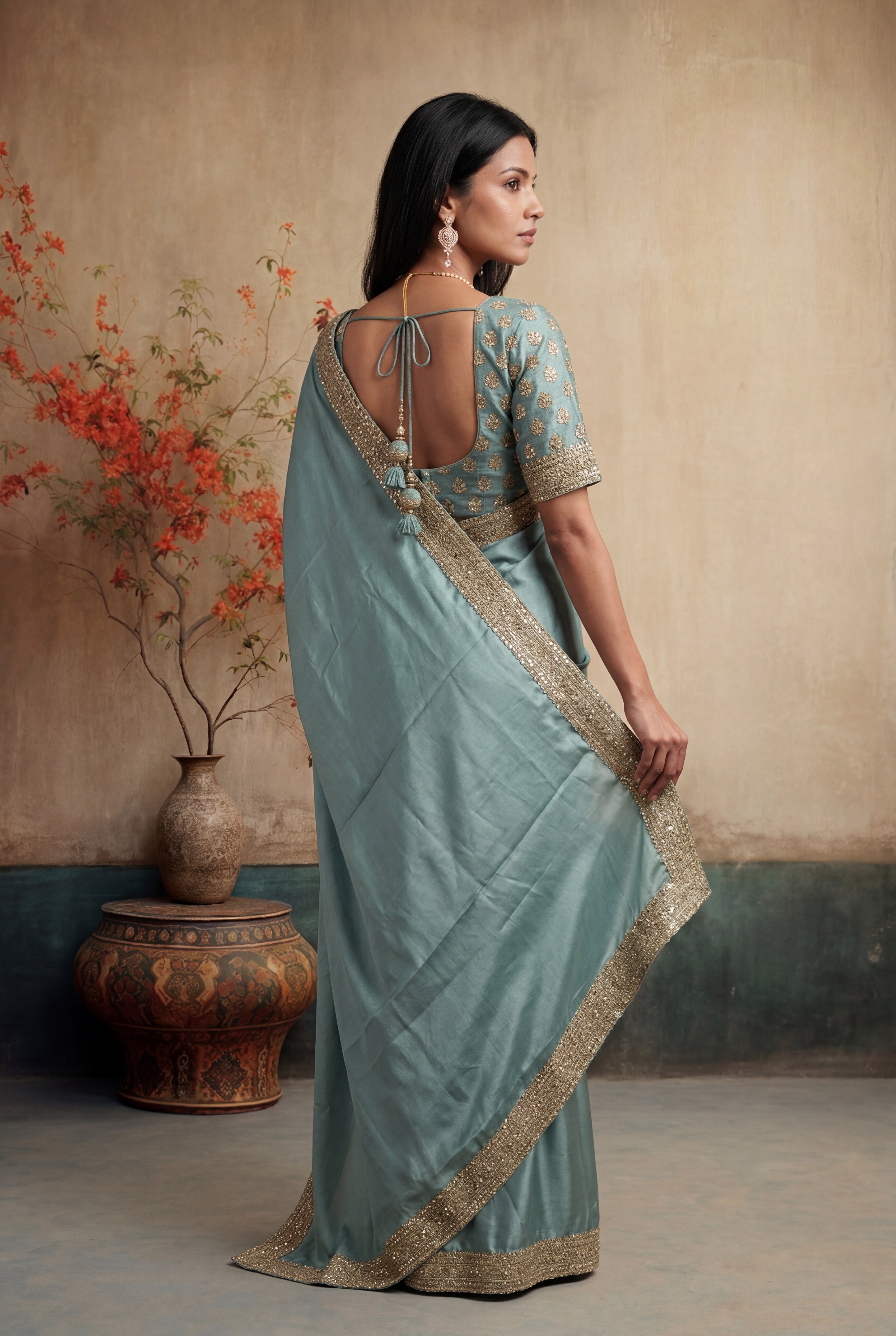 Pastel Green Satin Saree