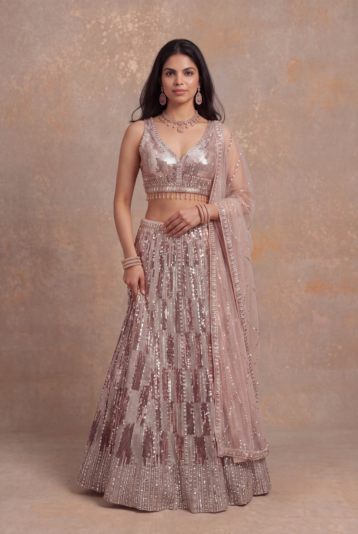 Peach Sequin & Katdana Embellished Net Lehenga - Mokshaa
