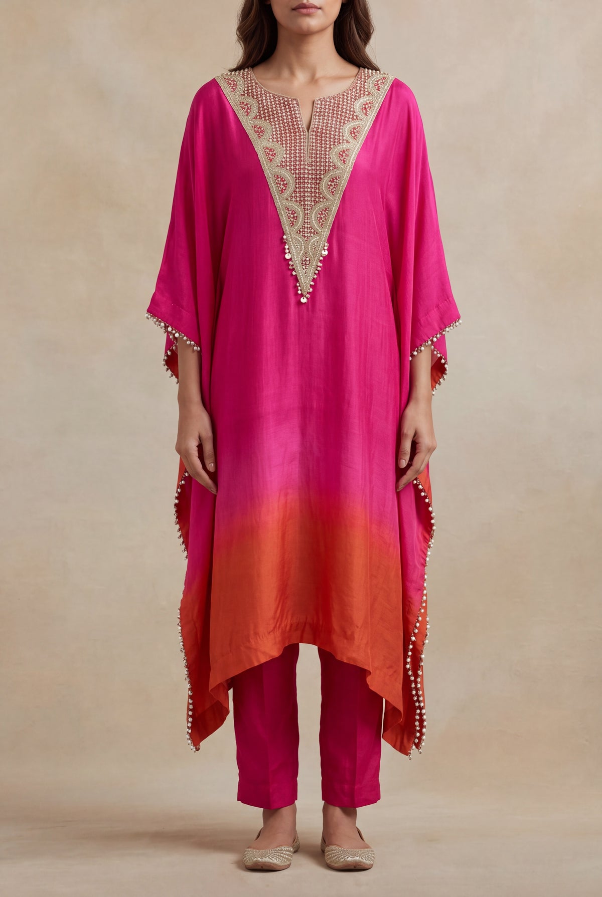 Pink & Orange Raw Silk Embellished Kaftan Set - Mokshaa