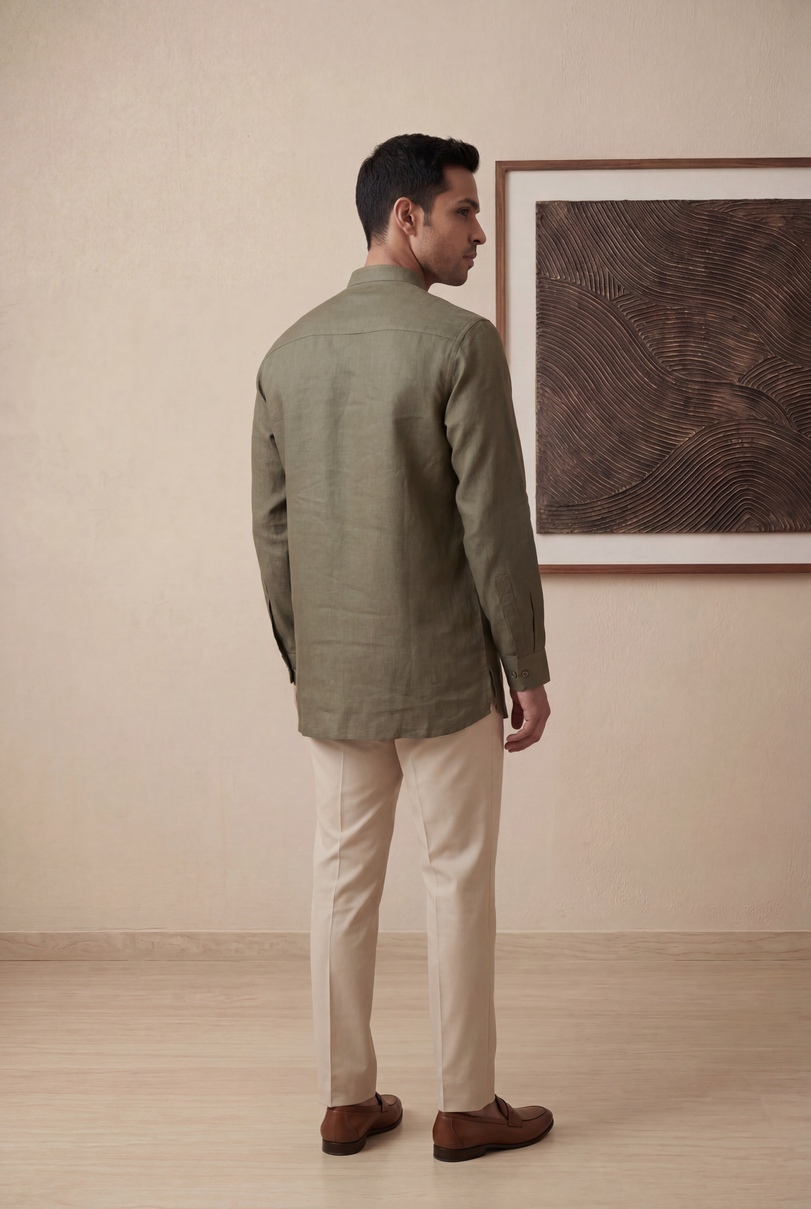 Mehendi Green Linen Short Kurta with Elephant Embroidery