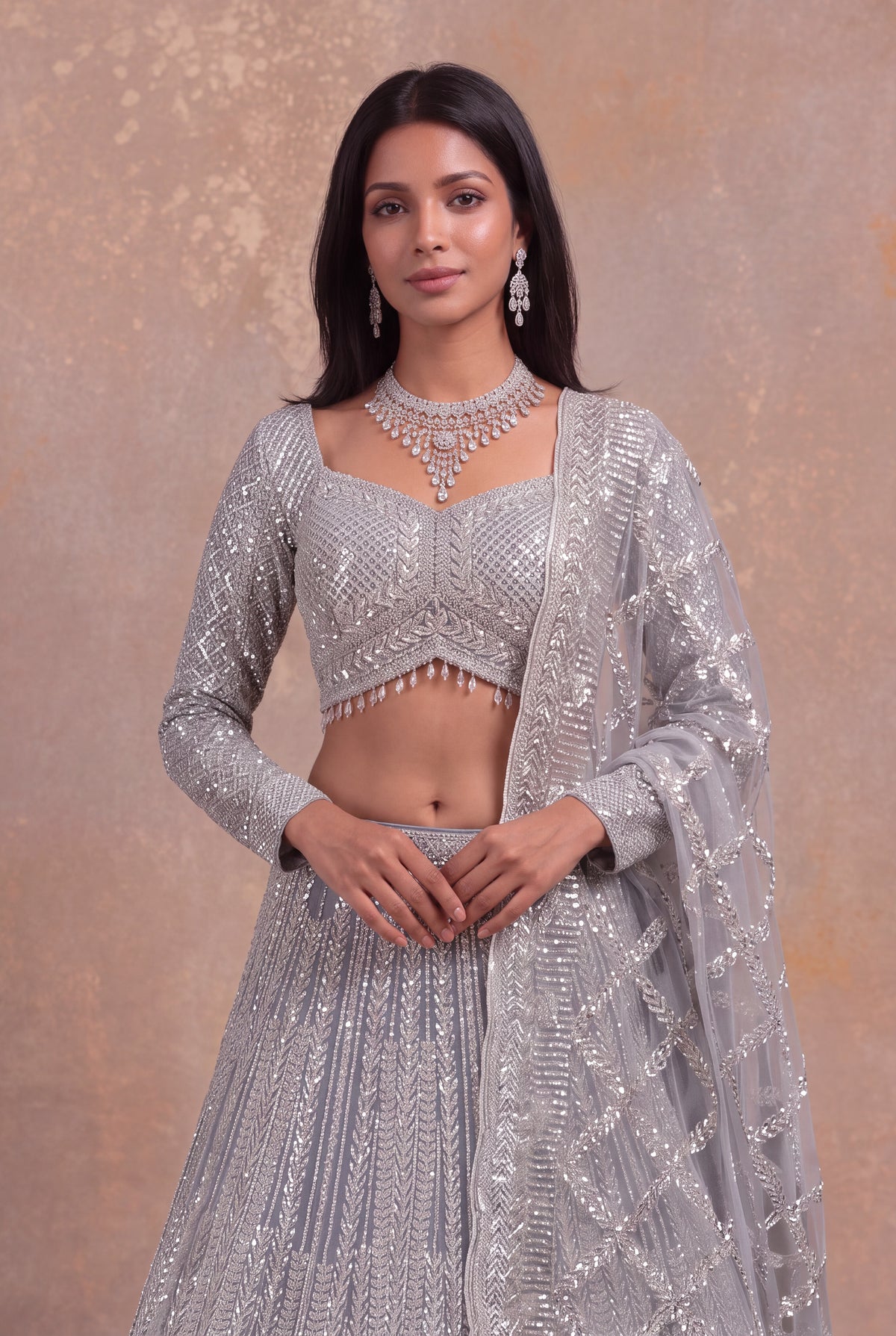 Ice Blue Net Sequin & Stone Embellished Lehenga Set - Mokshaa