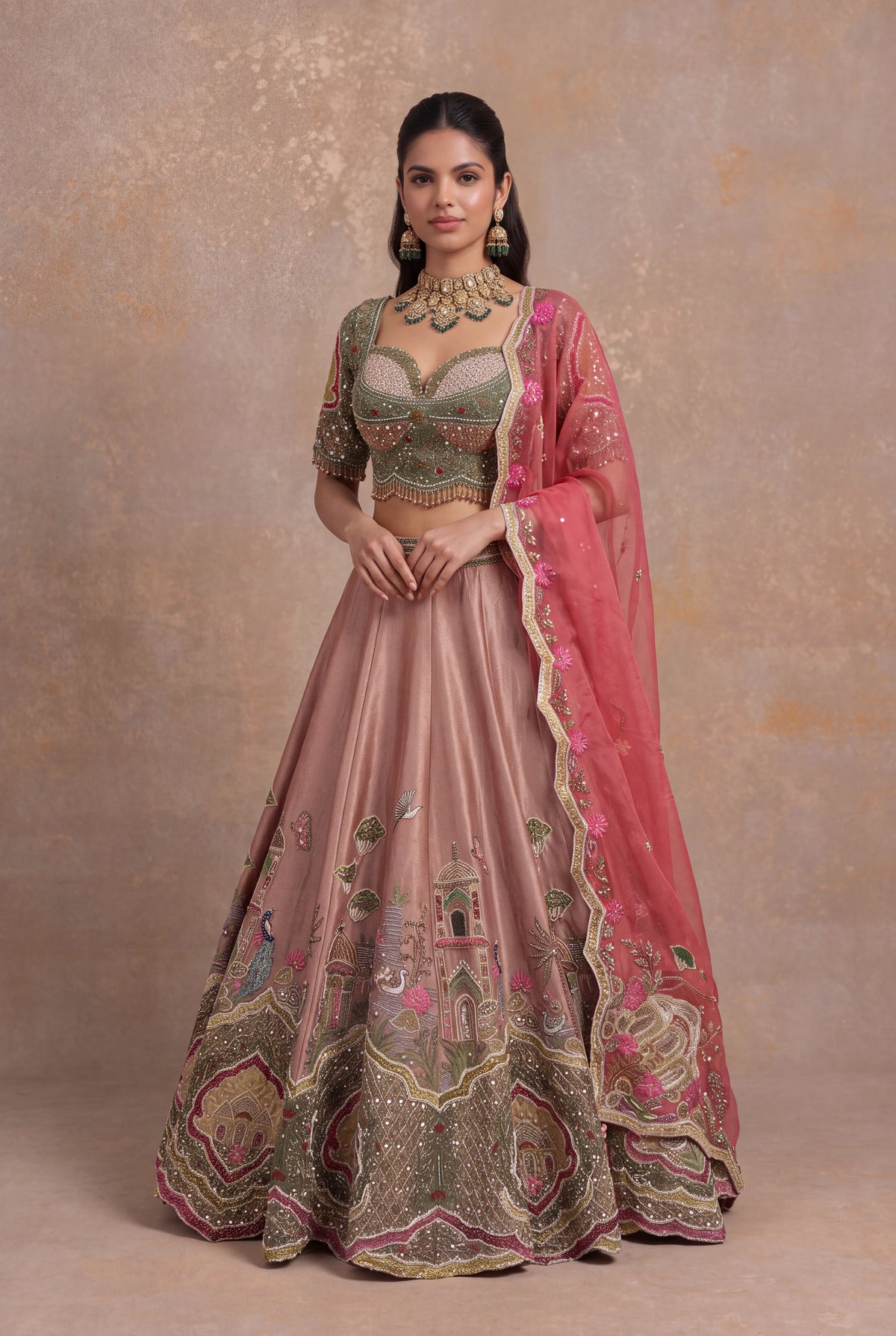 Dusty Rose Tissue Lehenga Set with Velvet Applique - Mokshaa