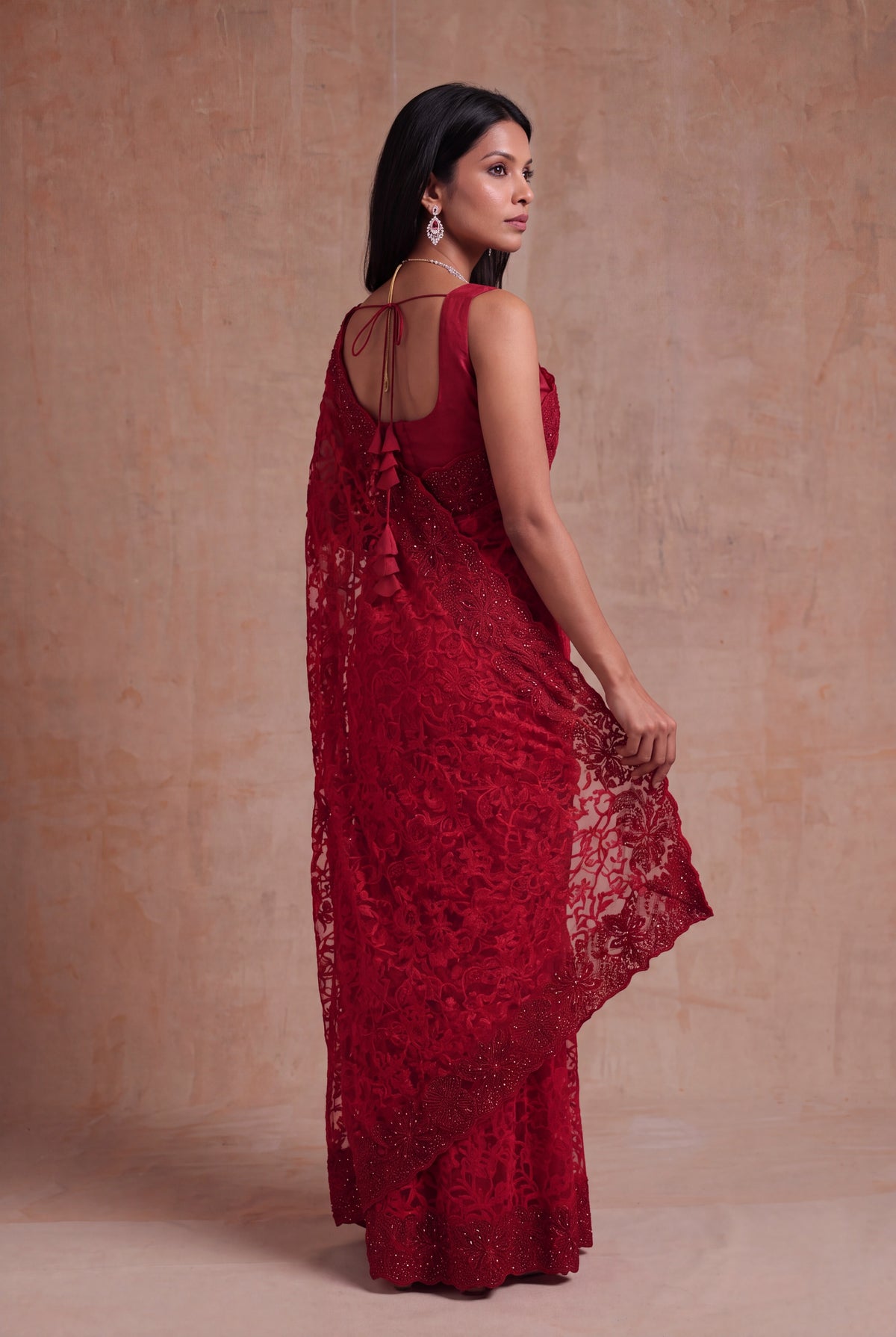 Red Net Saree with Sequin Jaal Work - Mokshaa