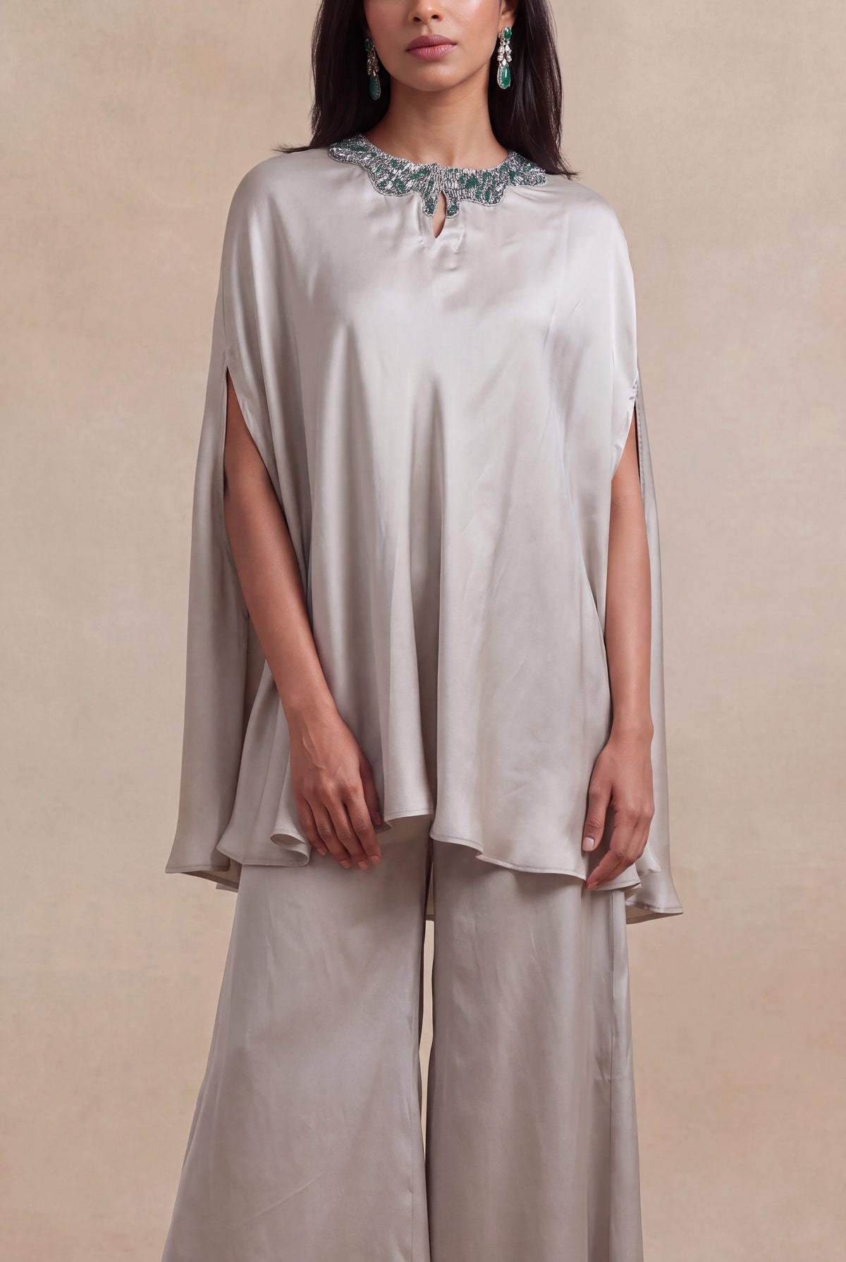 Silver Grey Satin Silk Cape Set with Bead Embellishment - Mokshaa