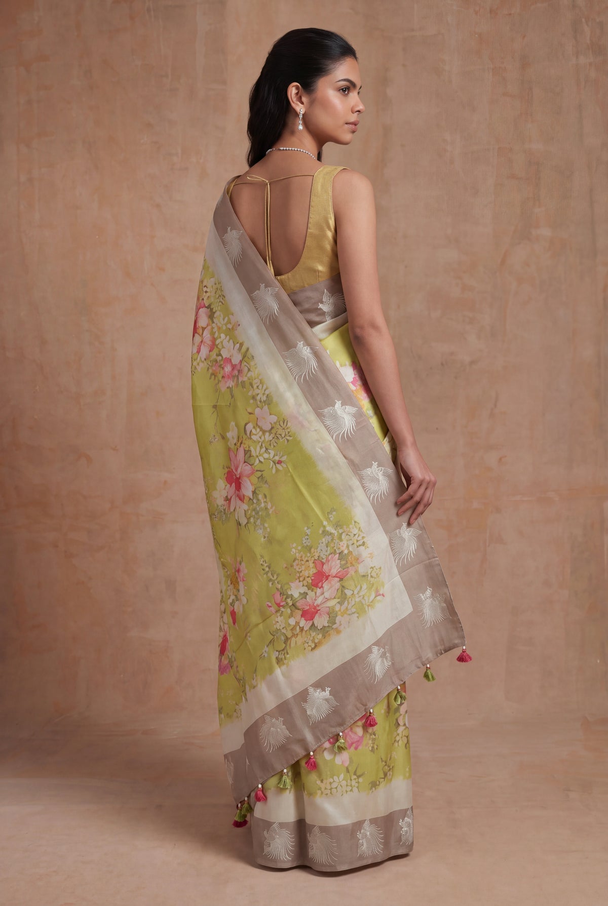 Lime Green Tussar Silk Saree - Mokshaa
