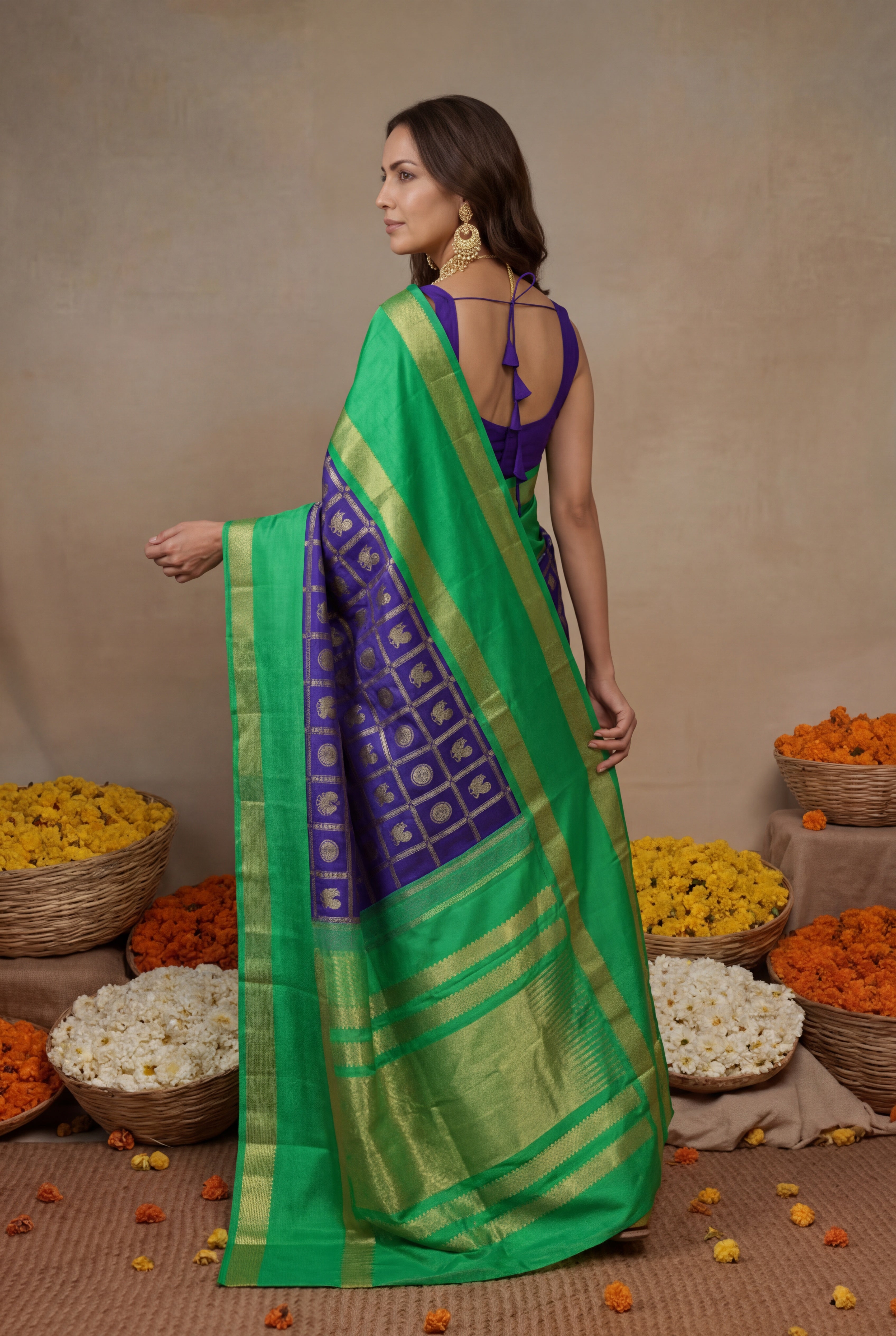 Royal Blue and Contrast Green Kanchivaram Silk Saree