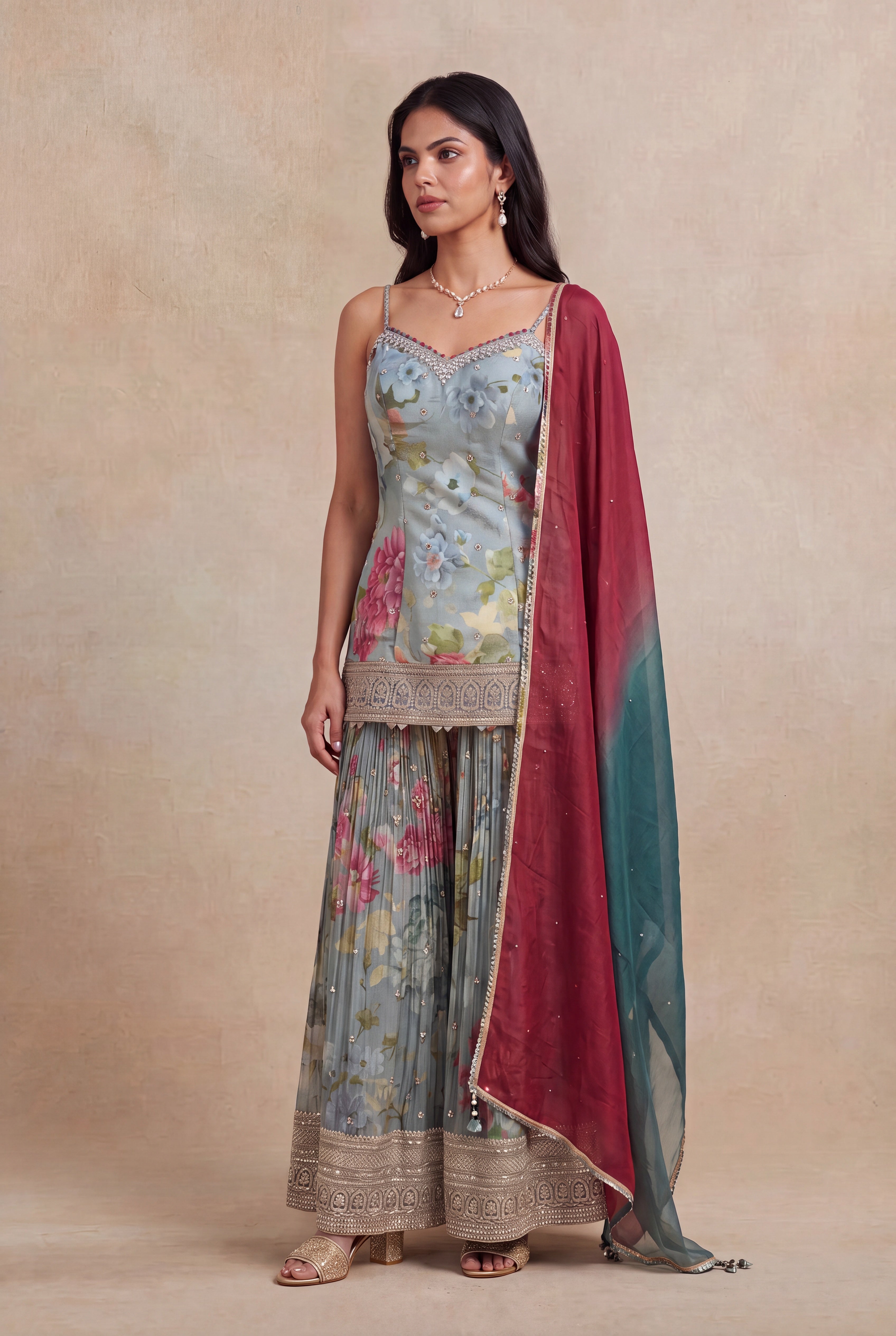 Floral Tissue Indo-Western Sharara Set