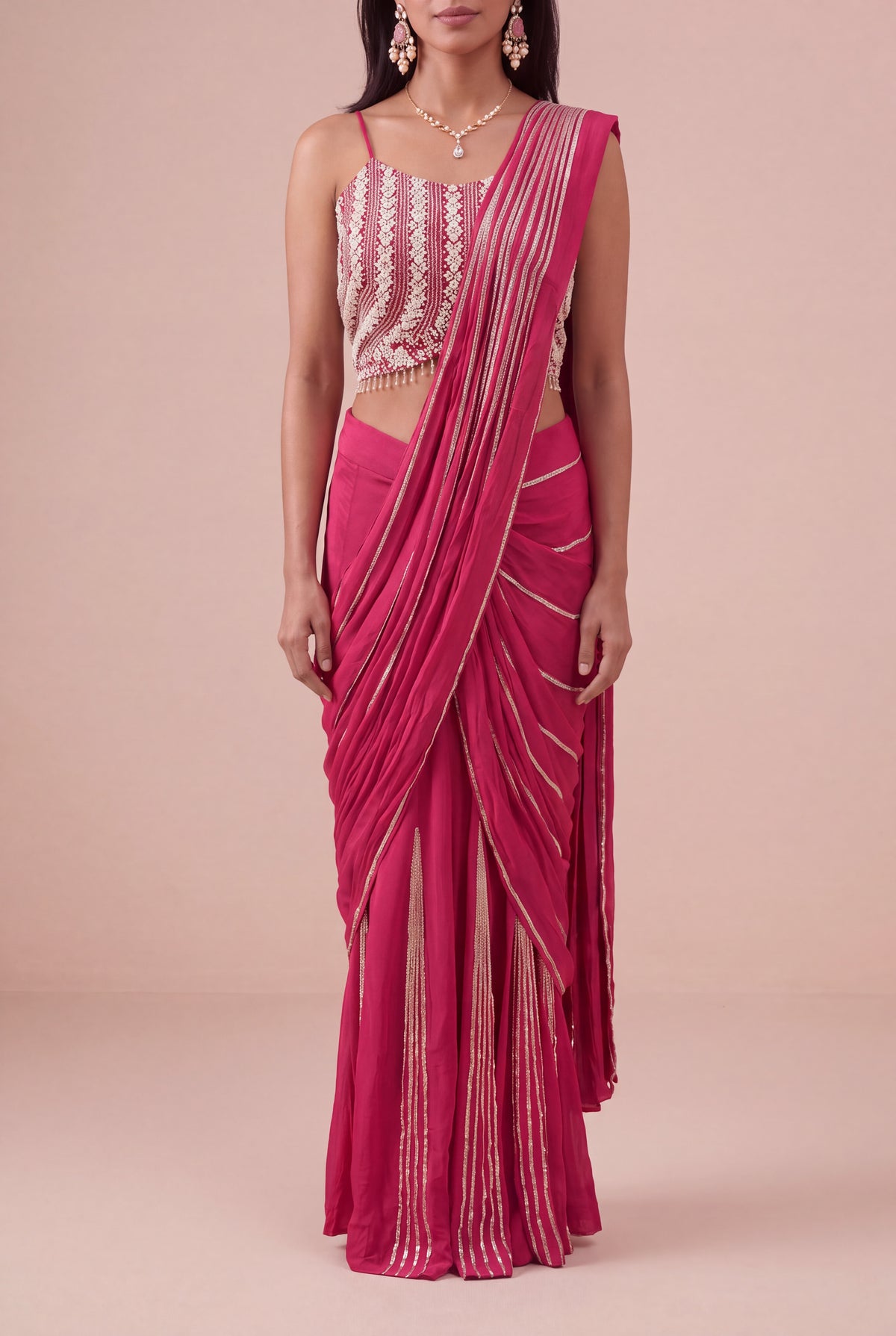 Rani Pink Chinon Crepe Draped Saree - Mokshaa