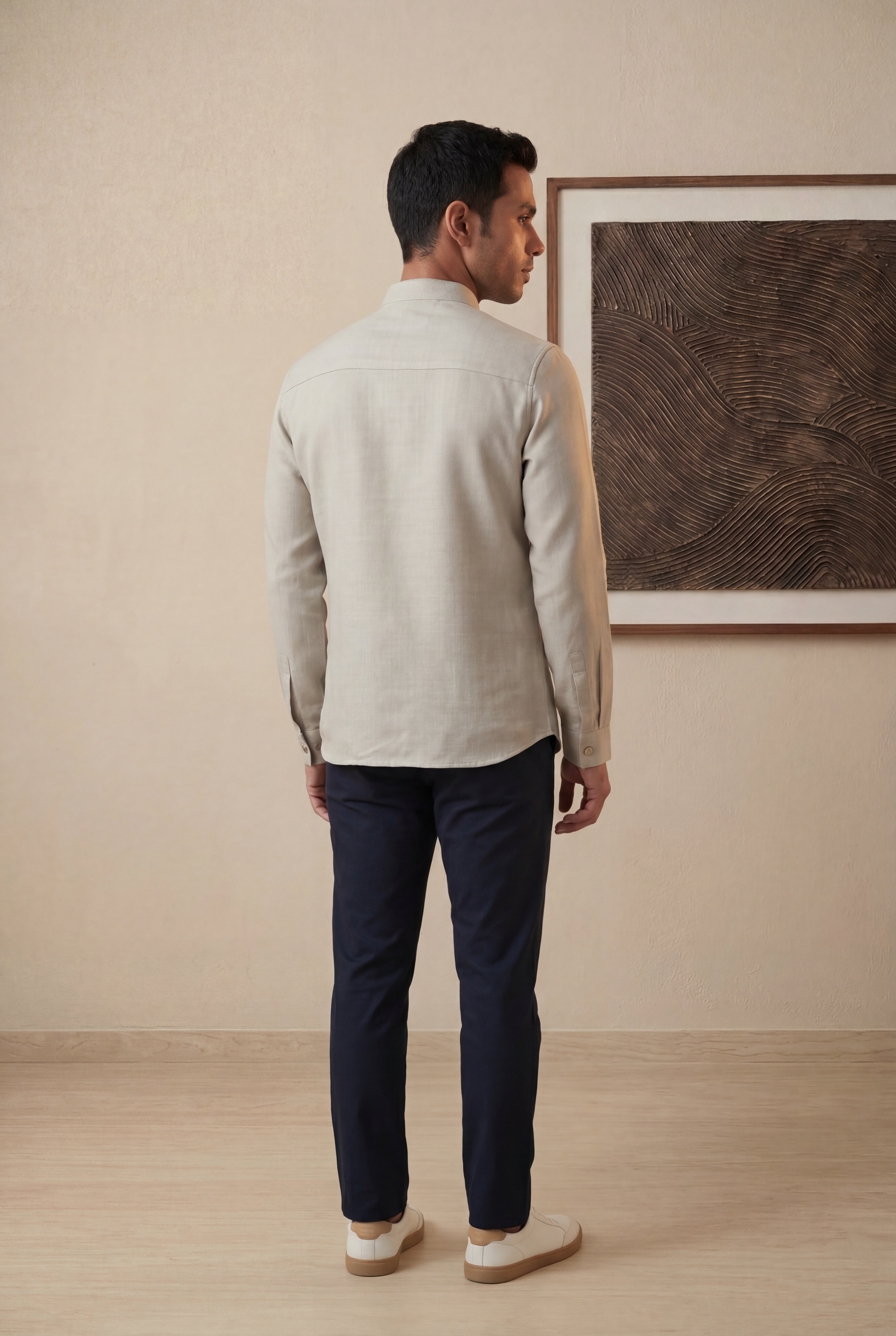 Beige Japanese Silk Mandarin Collar Shirt