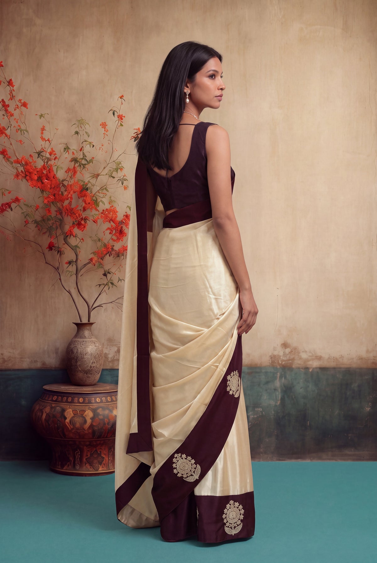Ivory Crepe Silk Saree - Mokshaa