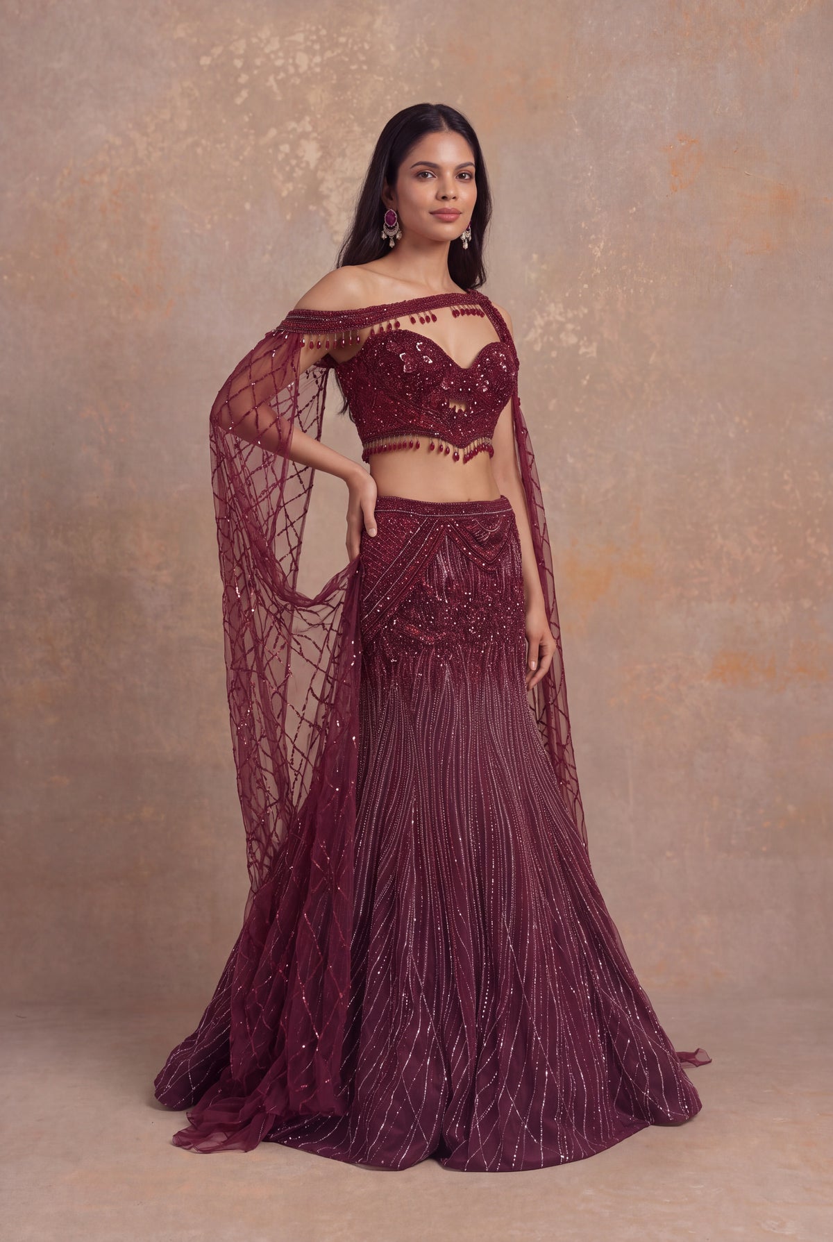 Maroon Net Lehenga with Sequin, Cutdana and Bead Embroidery - Mokshaa
