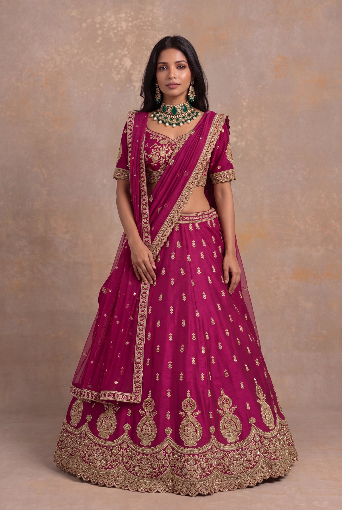 Magenta Raw Silk Lehenga Set with Zardozi and Kundan Work - Mokshaa