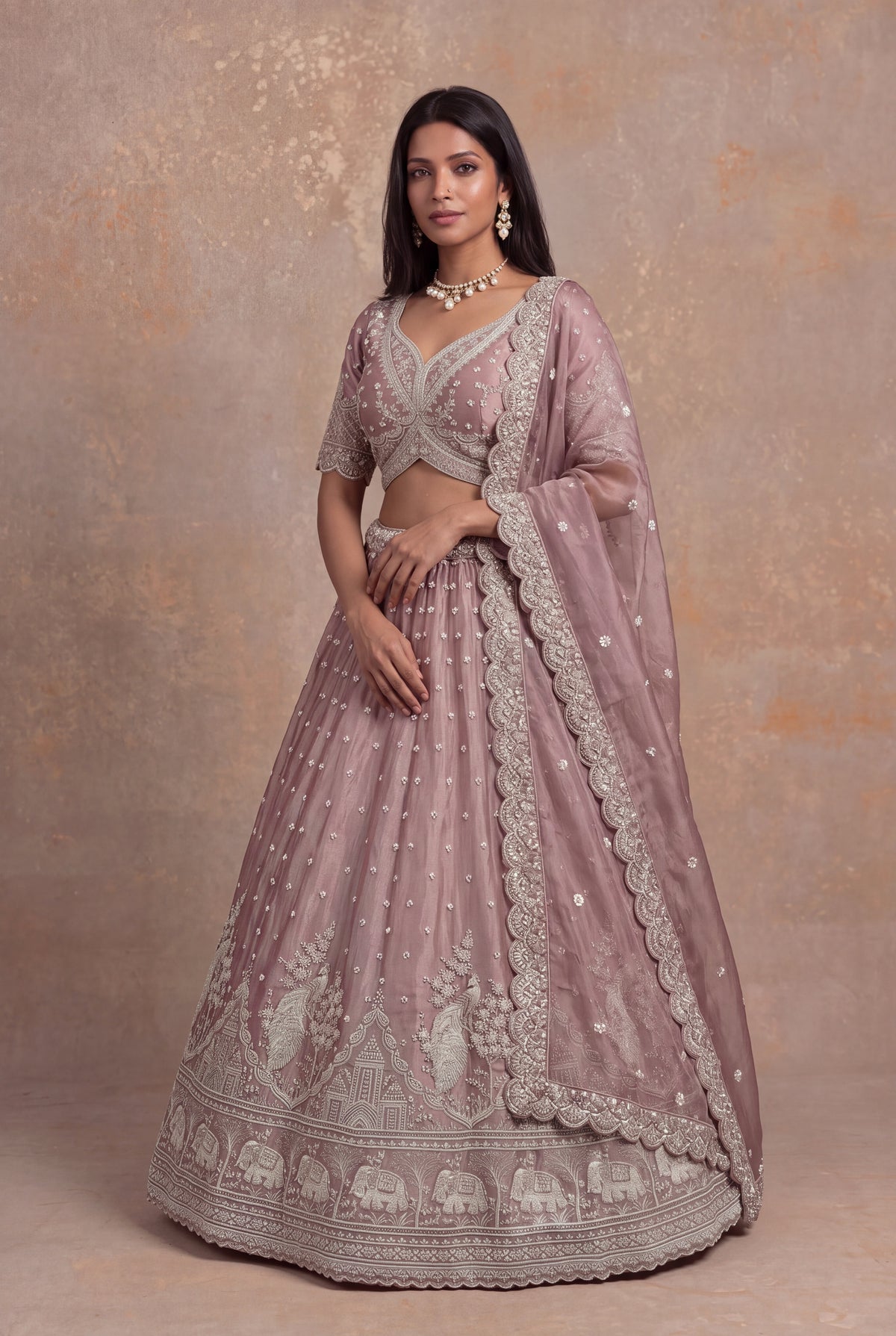 Dusty Rose Shimmer Organza Embroidered Lehenga - Mokshaa