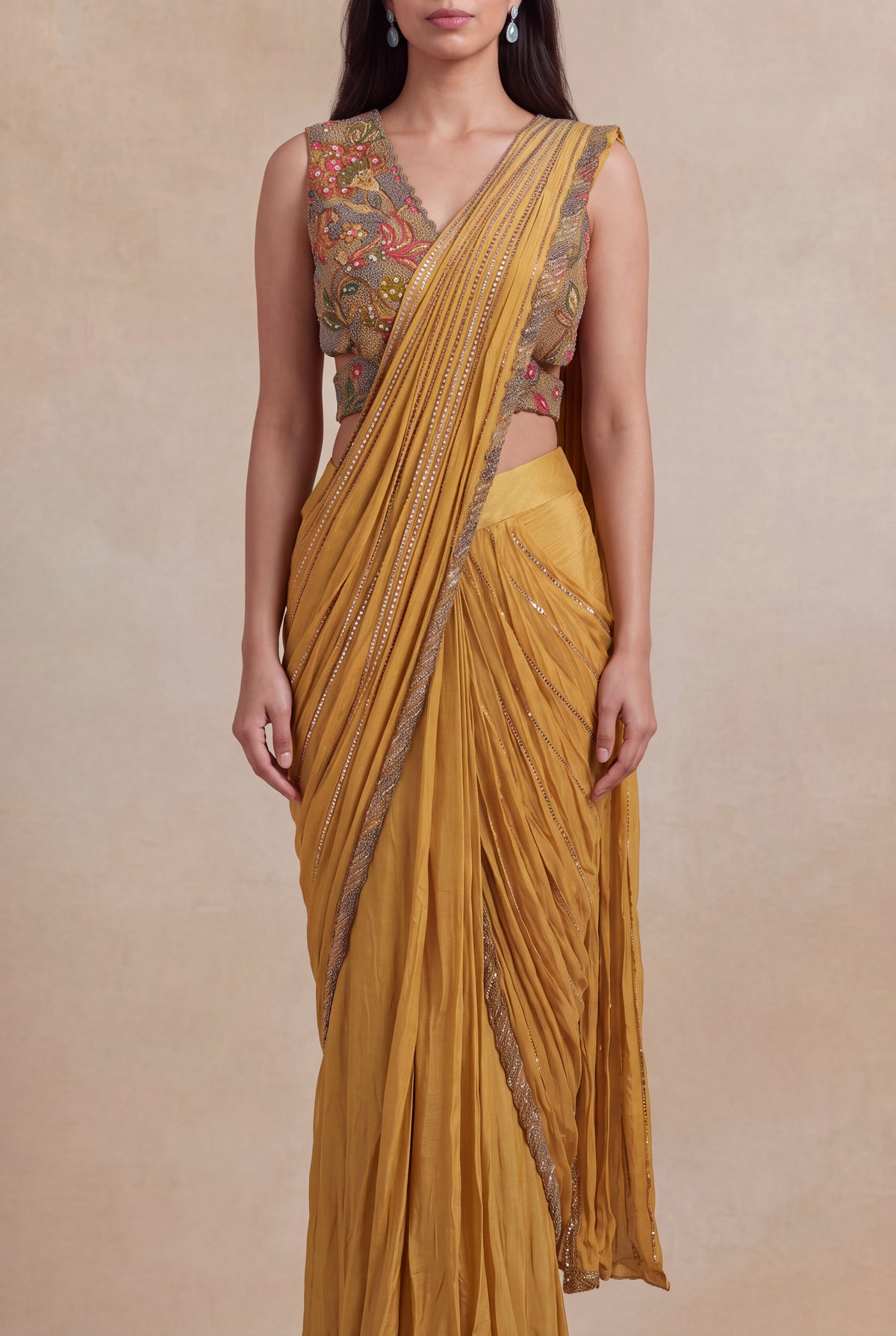Mustard Yellow Draped Saree with Metallic Embroidered Blouse - Mokshaa
