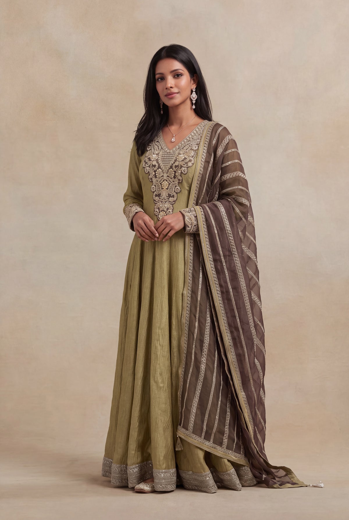 Olive Crush Tissue Anarkali - Mokshaa