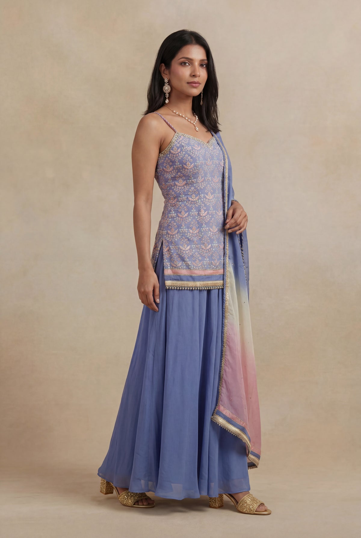 Periwinkle Blue Silk Mirror Work Indo Western Set - Mokshaa